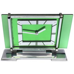 Art Deco 8 Day Green Glass and Chrome Mantle Clock by Ambec, 1930