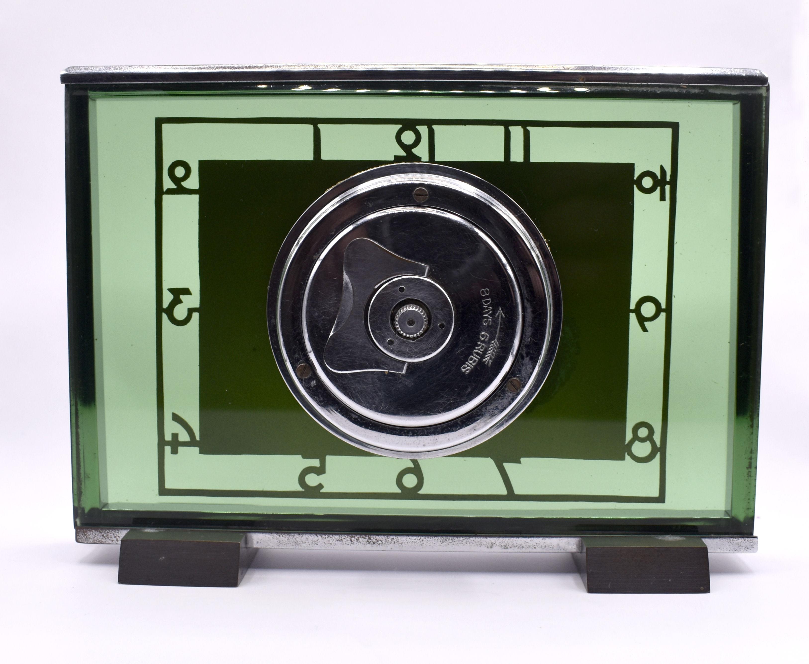 English Art Deco 8 Day Modernist Green Glass Clock, c1930