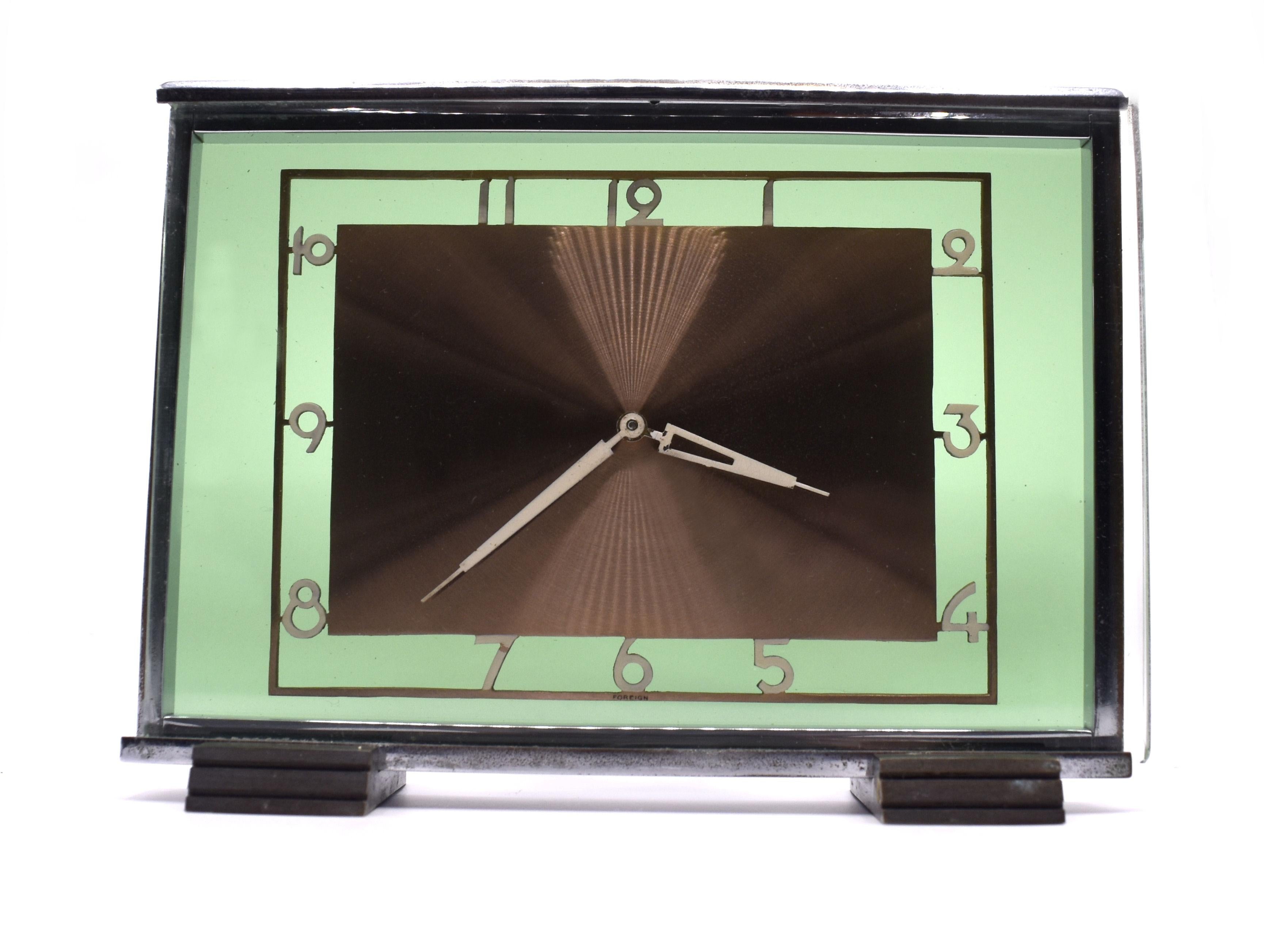 Brass Art Deco 8 Day Modernist Green Glass Clock, c1930