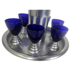 Art of Chase 8 Piece Chrome & Blue Glass Cocktail Set by Chase Blue Moon C1935