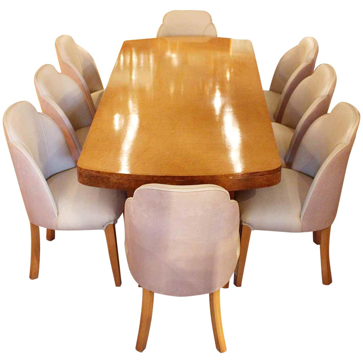 Art Deco 8 Seat Dining Suite Figured Birds-Eye Maple and Alcantara Suede