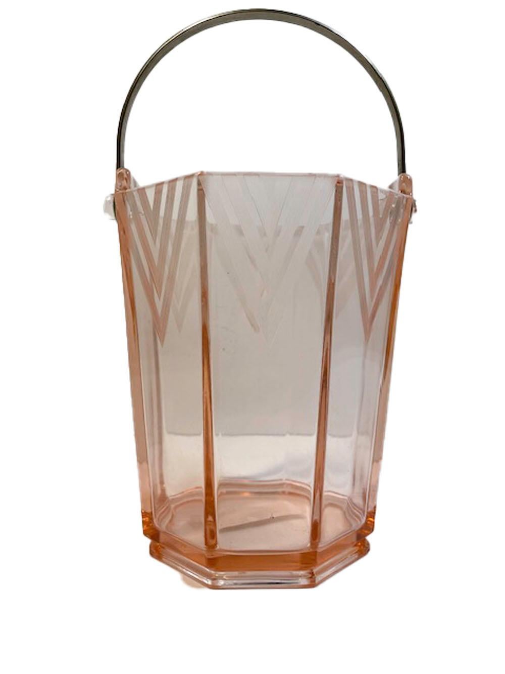 American Art Deco 8 Sided Pink Glass Ice Pail with Etched Triangle Motif Around Top