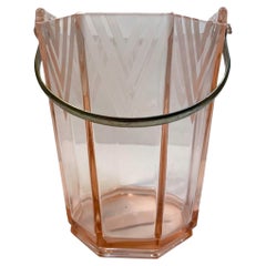 Art Deco 8 Sided Pink Glass Ice Pail with Etched Triangle Motif Around Top