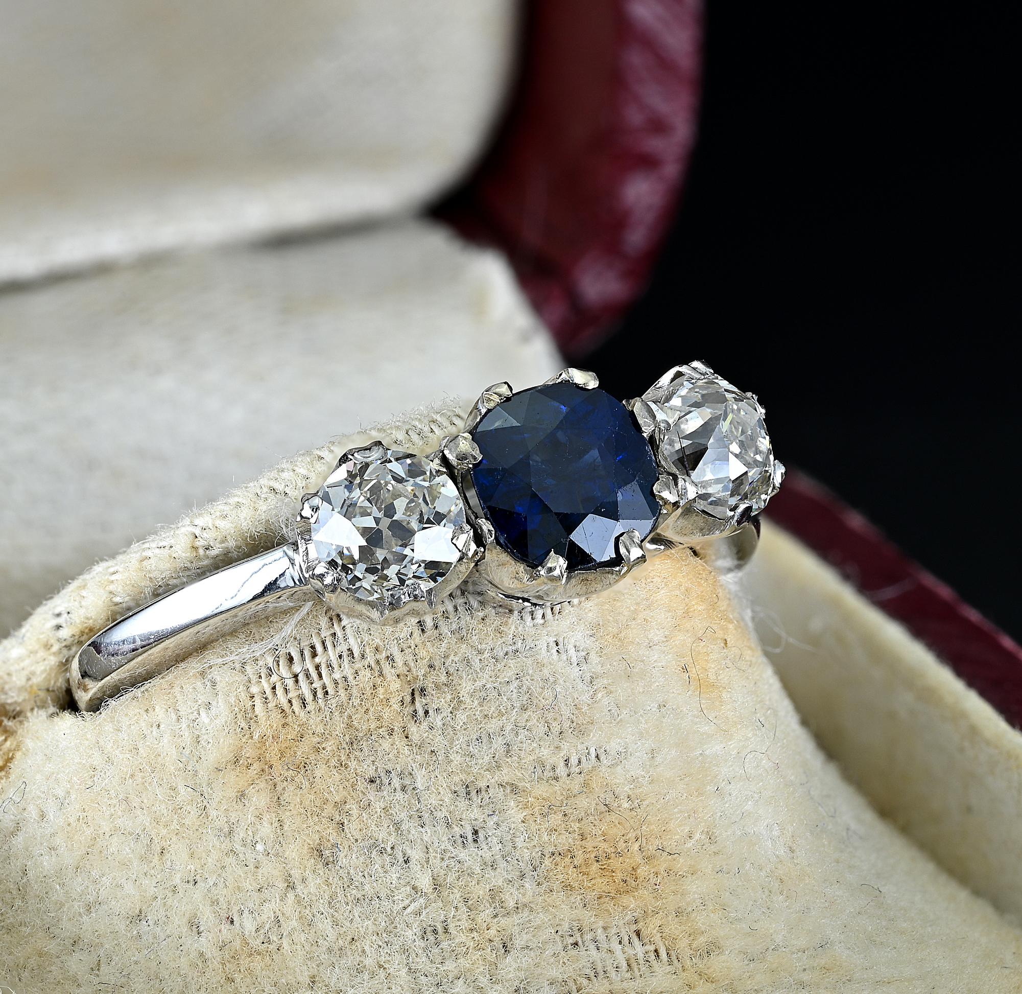 Round Cut Art Deco .80 Ct  Diamond .90 Ct Sapphire Trilogy Ring For Sale