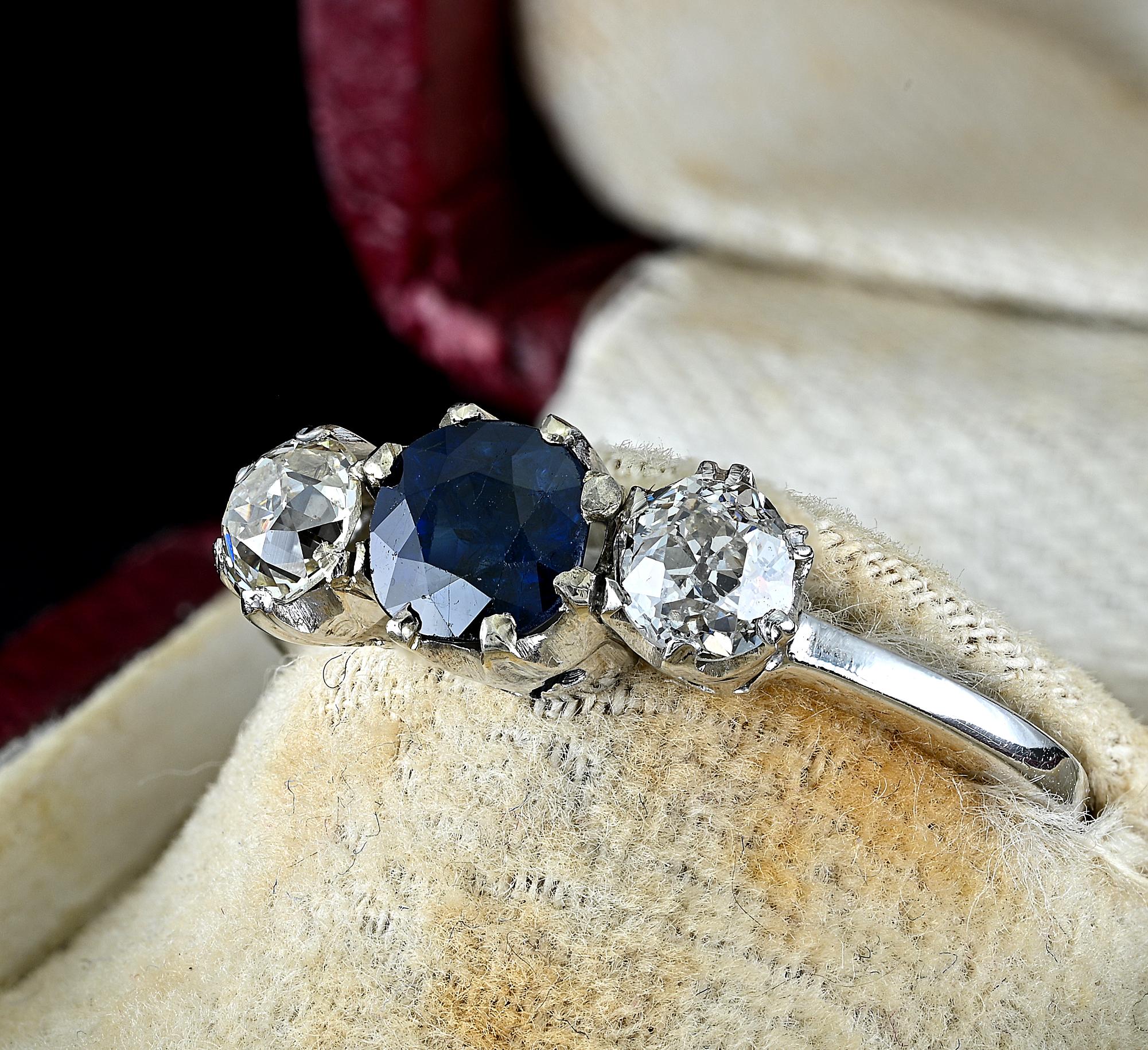 Women's Art Deco .80 Ct  Diamond .90 Ct Sapphire Trilogy Ring For Sale