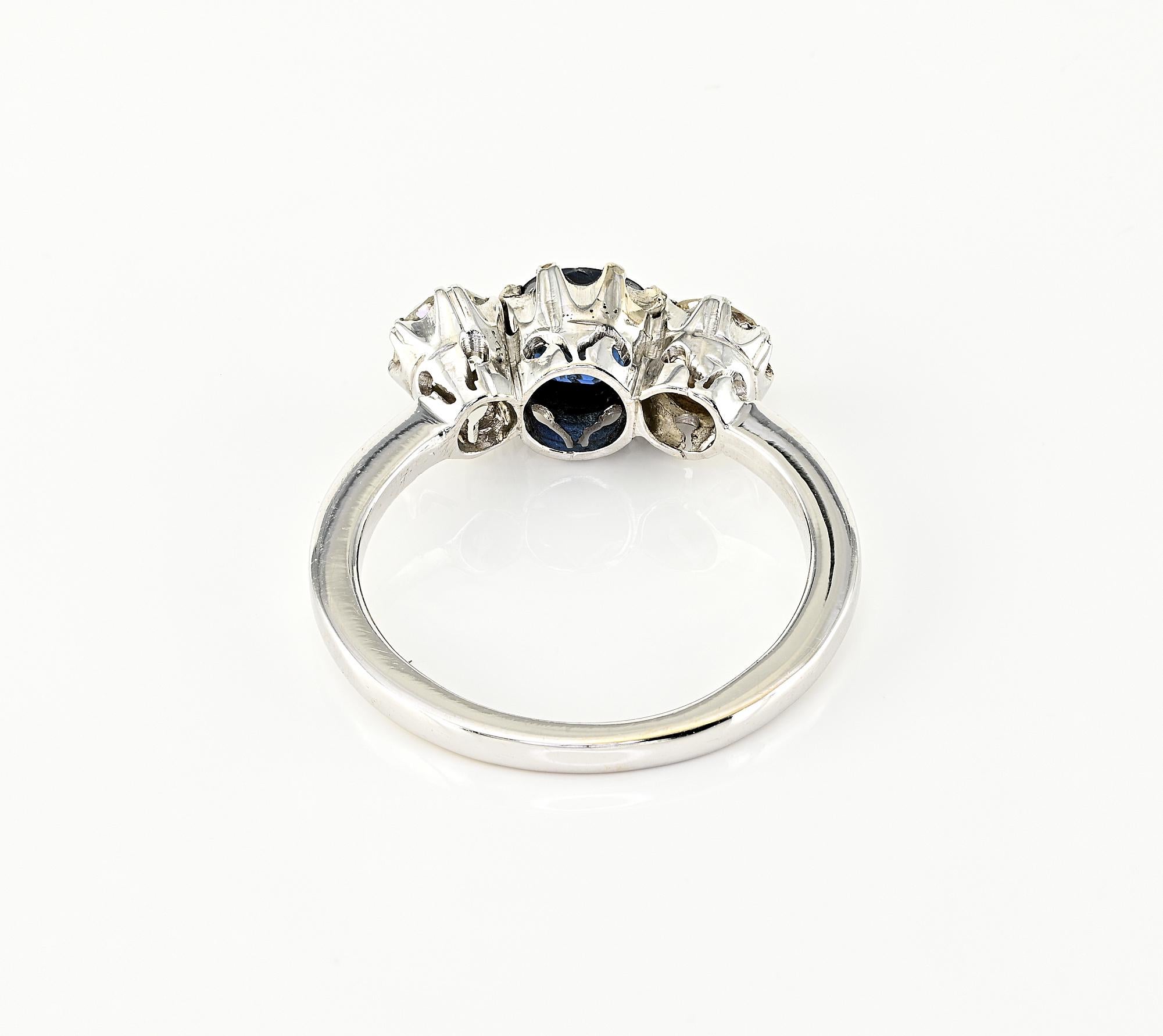 Art Deco .80 Ct  Diamond .90 Ct Sapphire Trilogy Ring For Sale 1