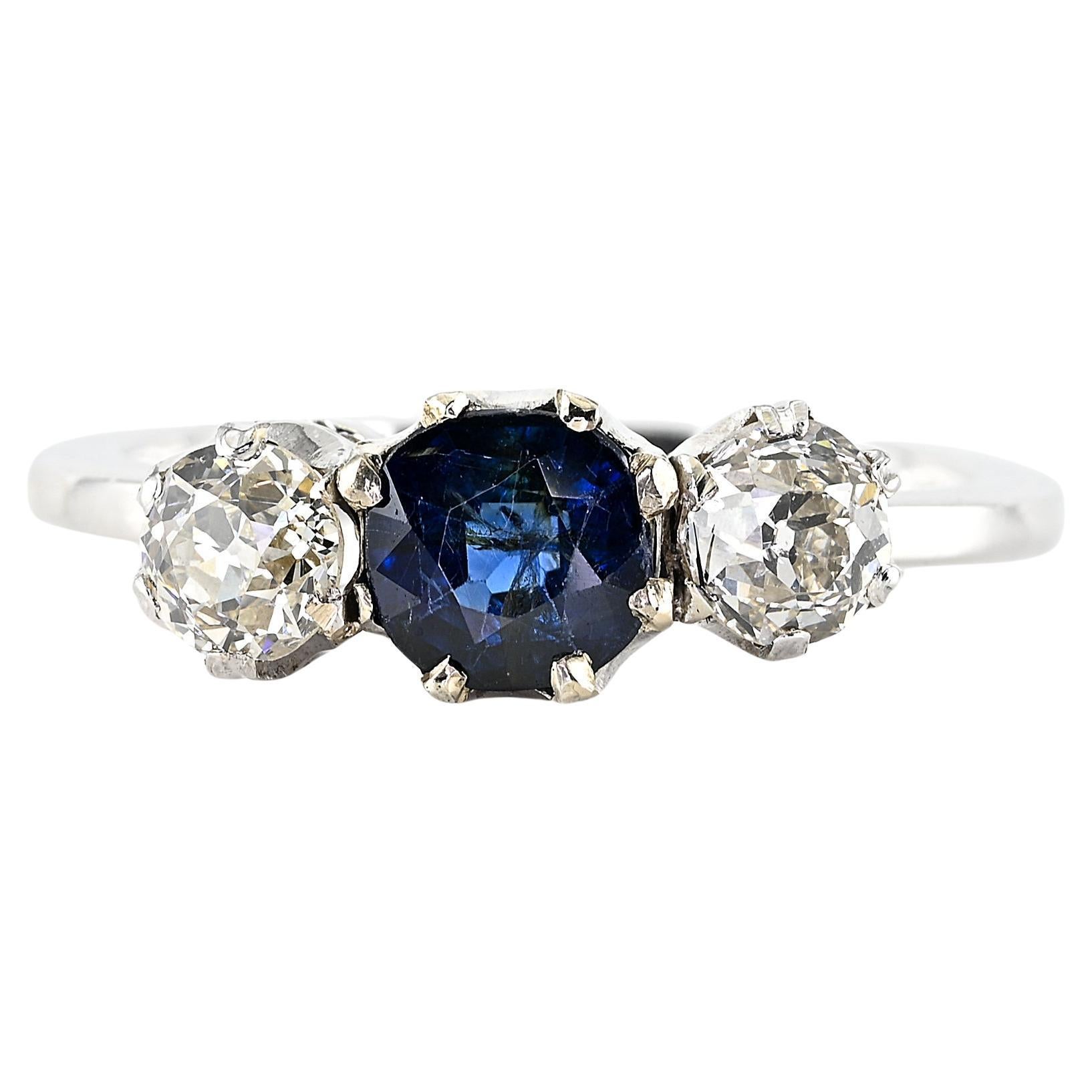 Art Deco .80 Ct  Diamond .90 Ct Sapphire Trilogy Ring For Sale