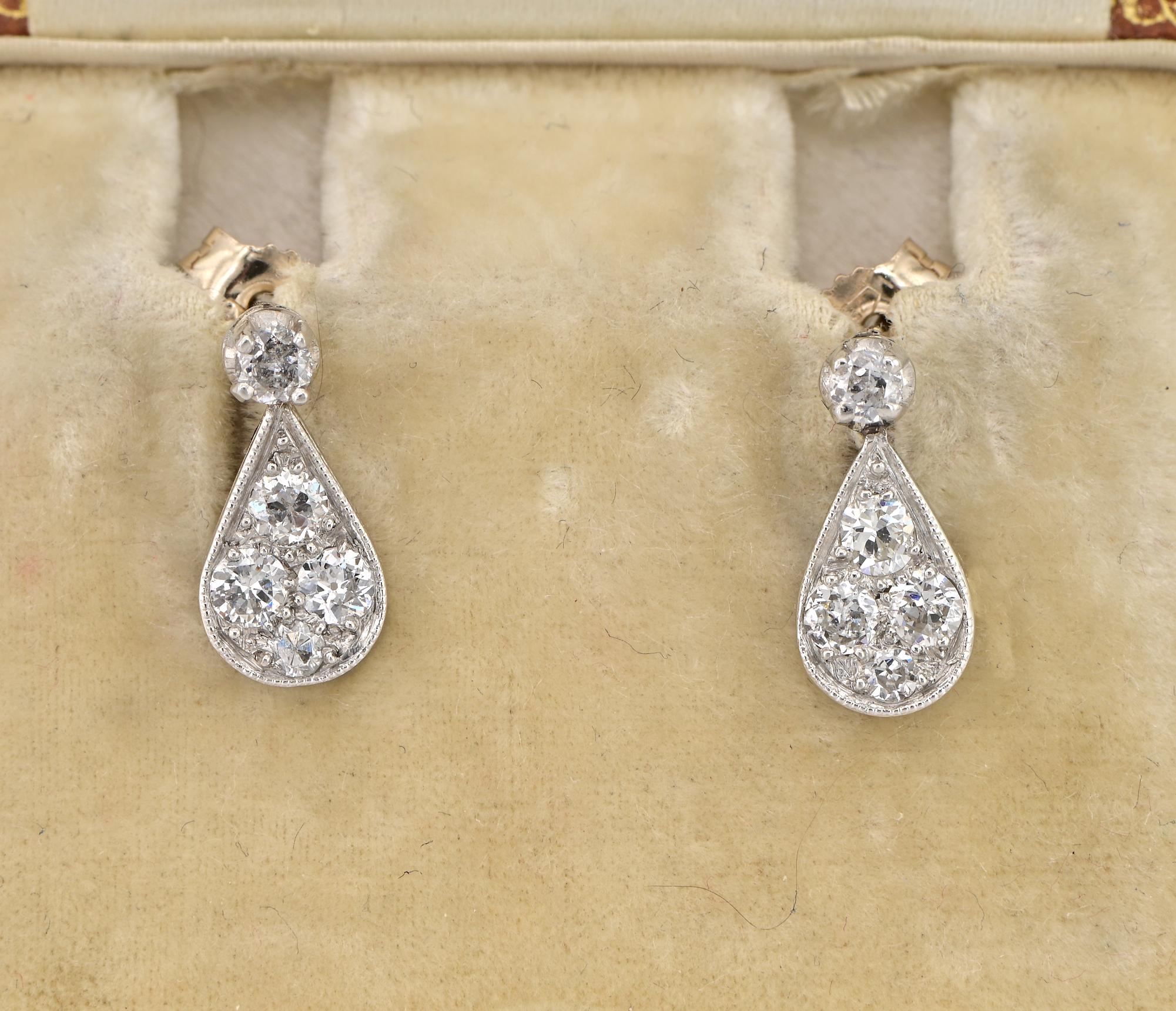Simply Gorgeous
These sweet Art Deco period Diamond petit drop earrings are 1930 ca
Hand crafted as unique of solid Platinum, butterfly fasteners in gold, both marked
Charming drop shape topped by a tiny top Diamond completing the design
They are