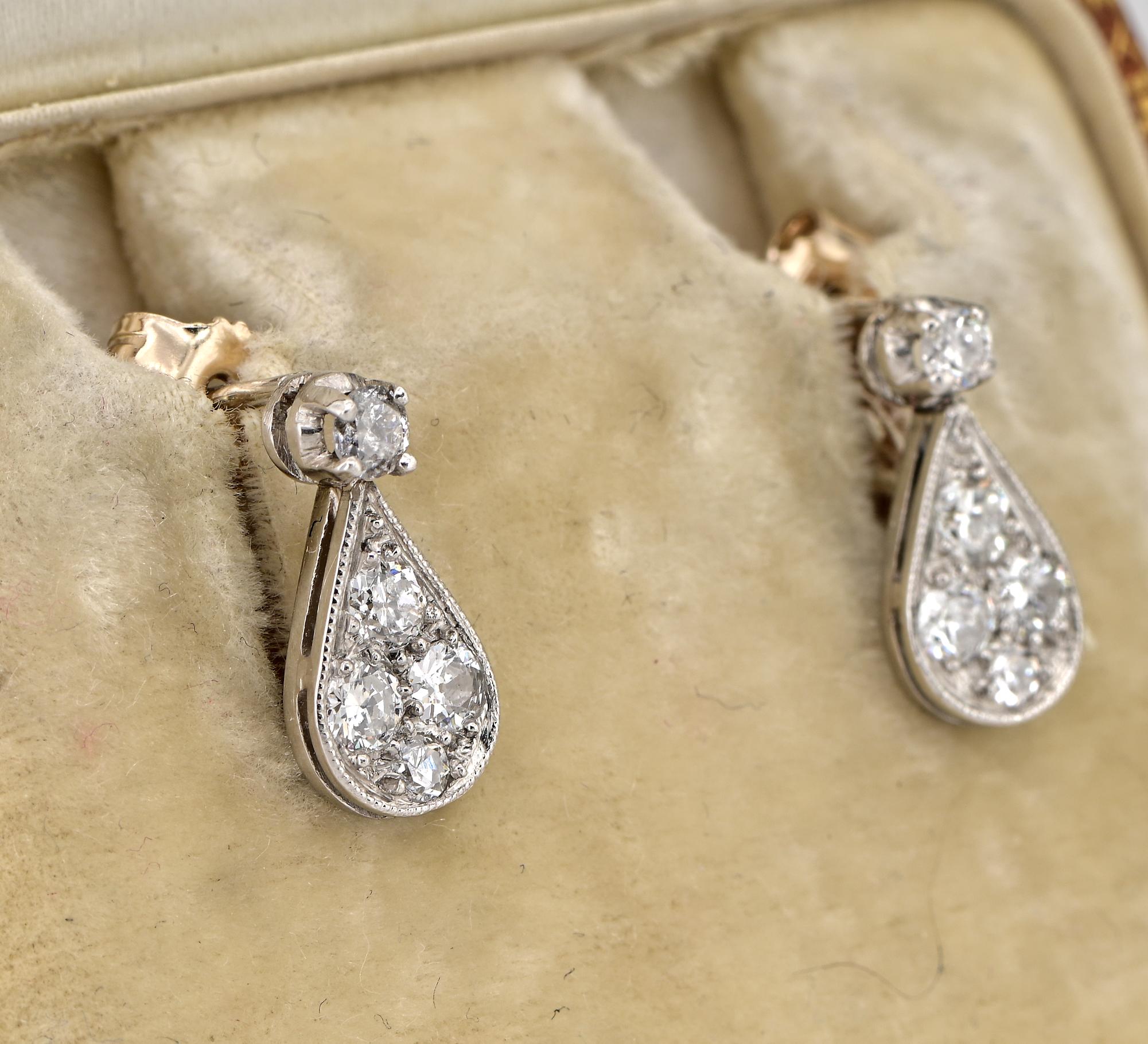 Art Deco .80 Ct Diamond Petit Drop Platinum Earrings In Good Condition For Sale In Napoli, IT