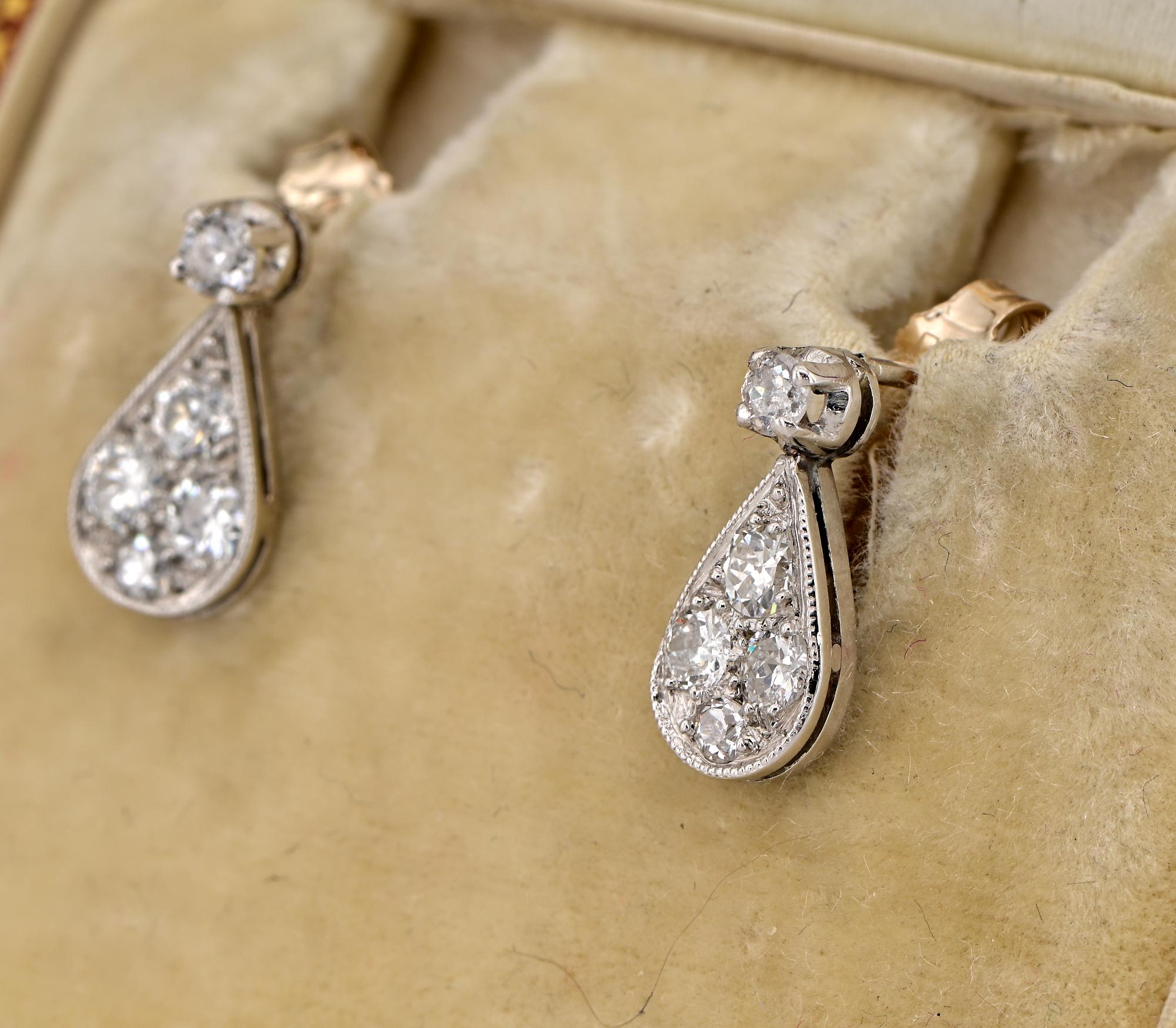 Art Deco .80 Ct Diamond Petit Drop Platinum Earrings For Sale 1