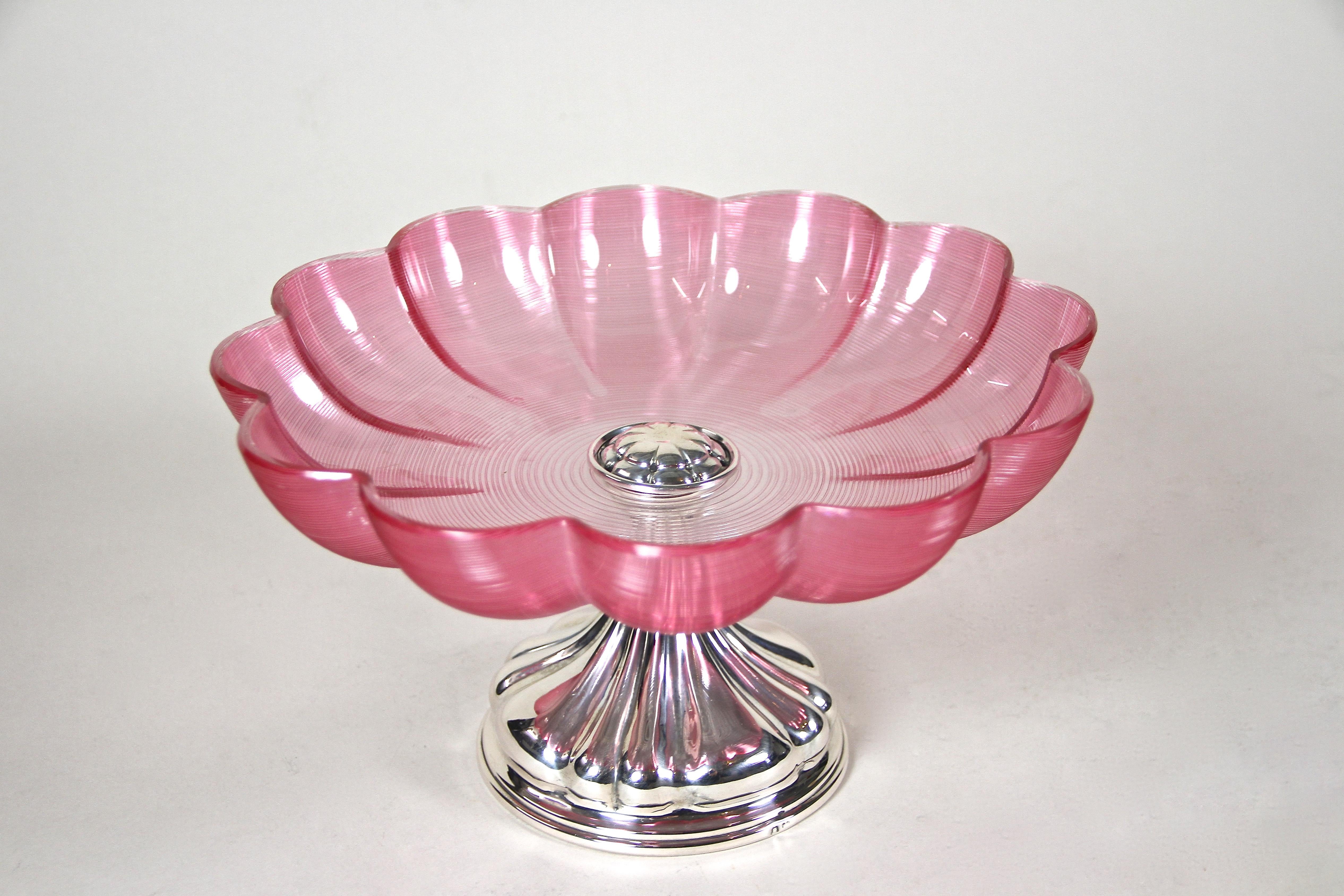 Art Deco 800 Silver Centerpiece with Pink Glass Bowl, Austria circa 1920 6