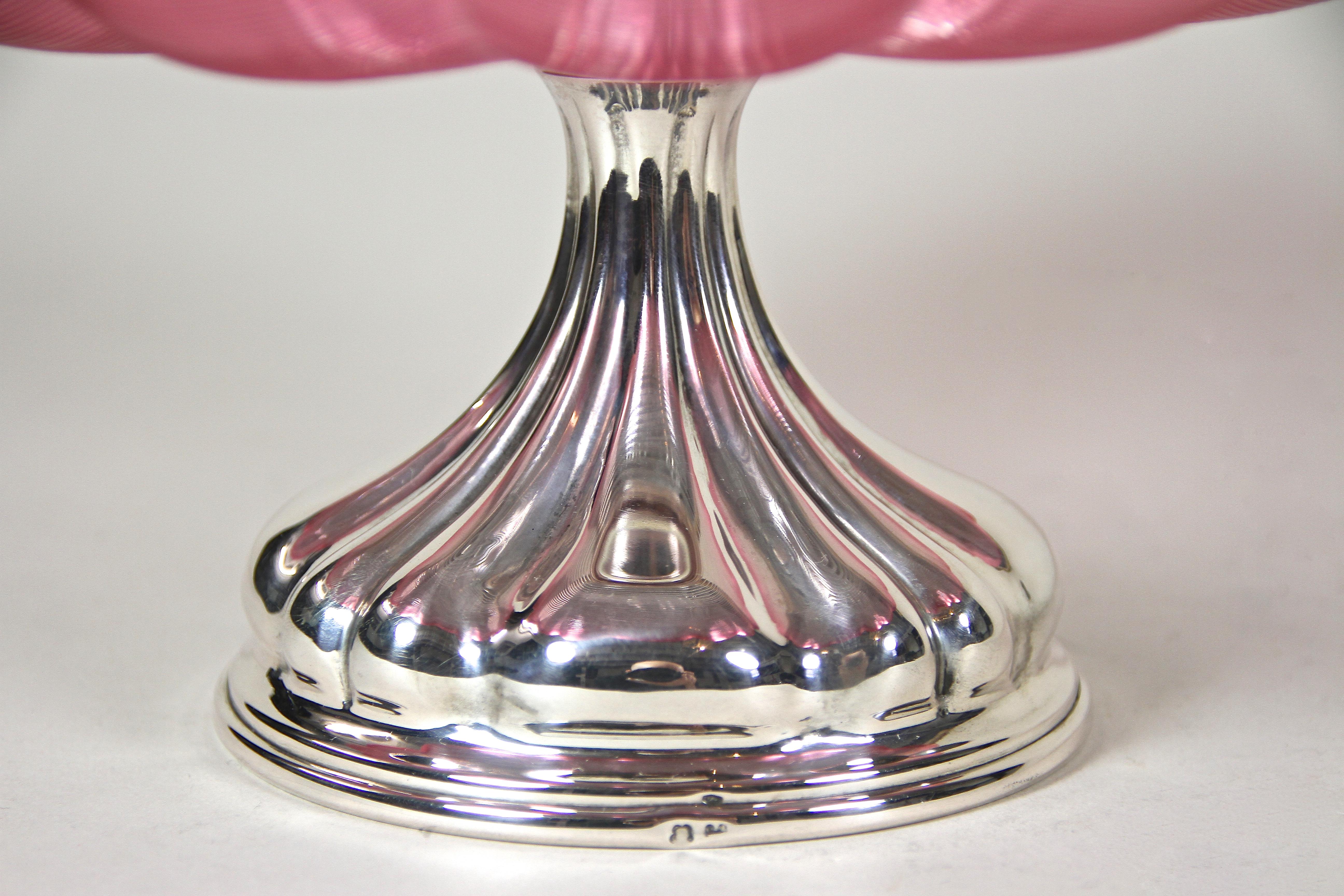 Austrian Art Deco 800 Silver Centerpiece with Pink Glass Bowl, Austria circa 1920