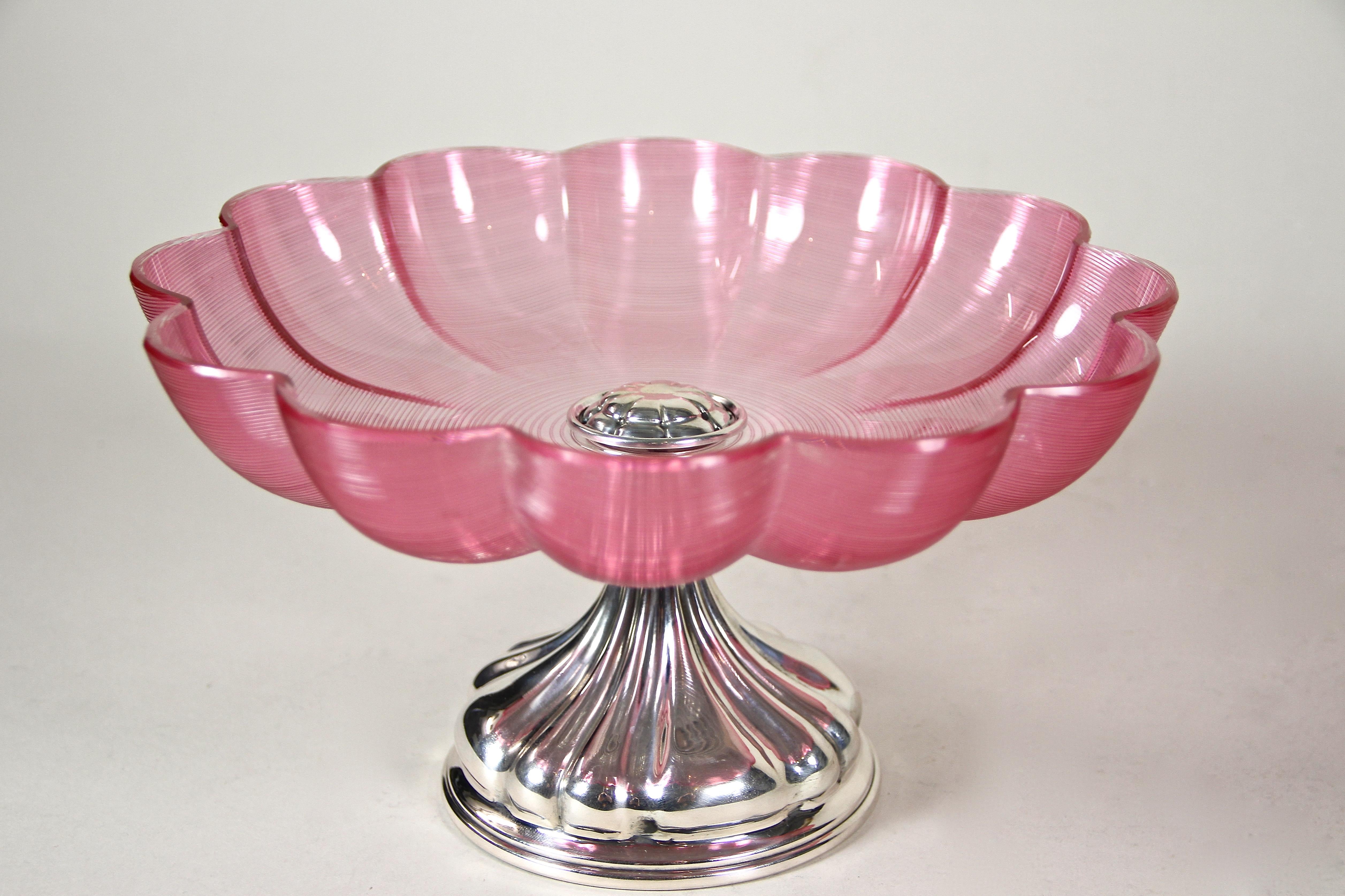 Art Deco 800 Silver Centerpiece with Pink Glass Bowl, Austria circa 1920 2