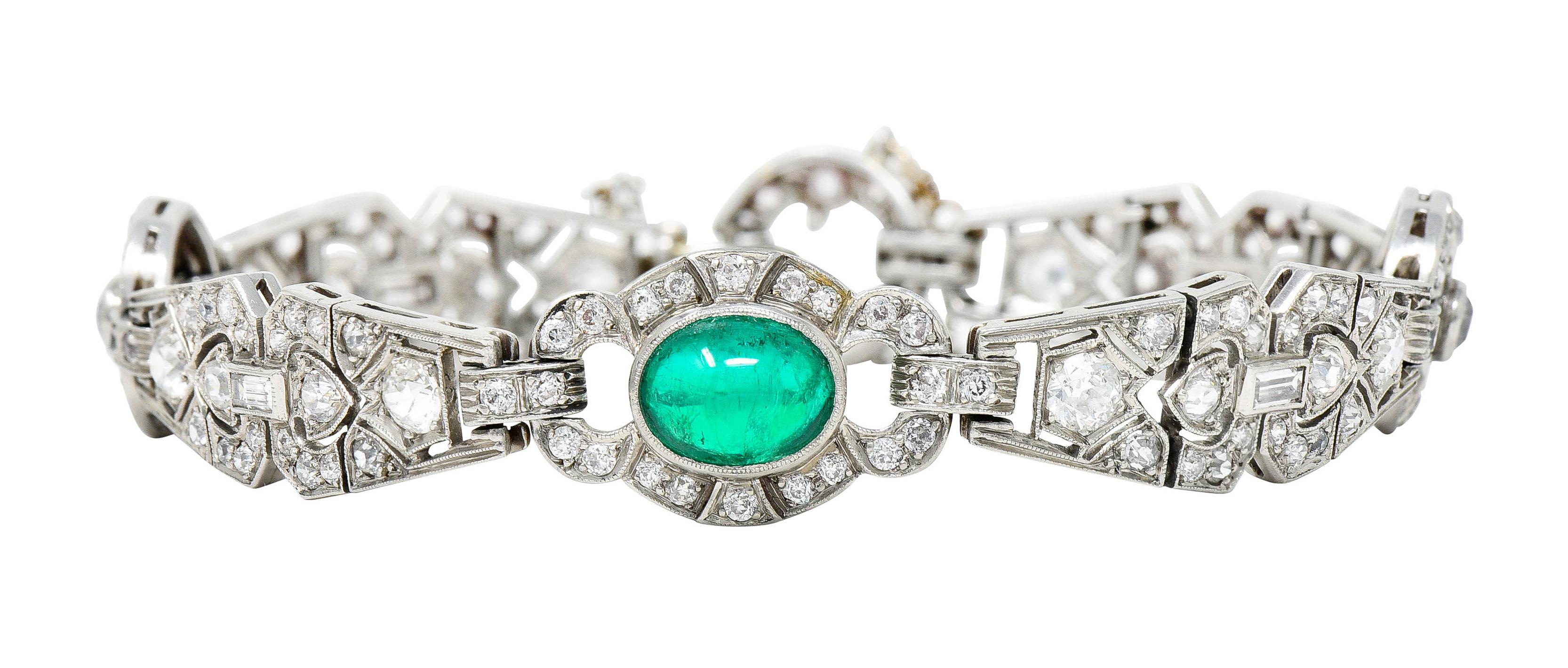 Cabochon Art Deco 8.05 Carats Emerald Diamond Platinum Link Bracelet
