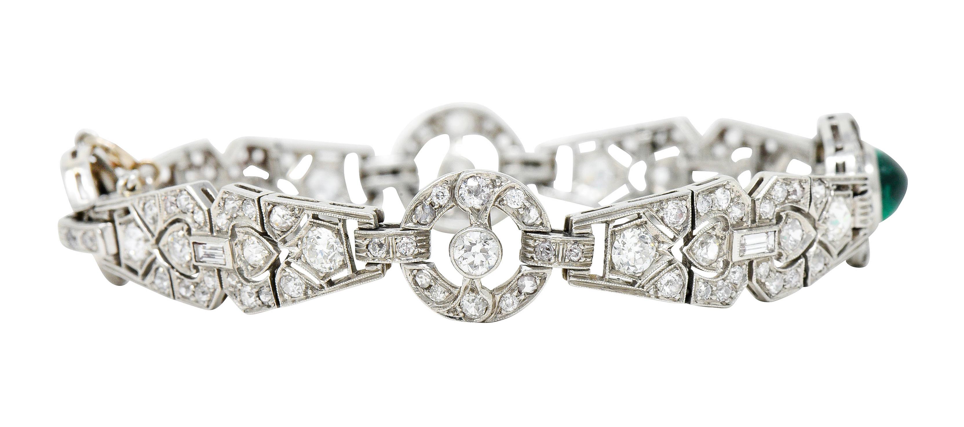 Art Deco 8.05 Carats Emerald Diamond Platinum Link Bracelet In Excellent Condition In Philadelphia, PA