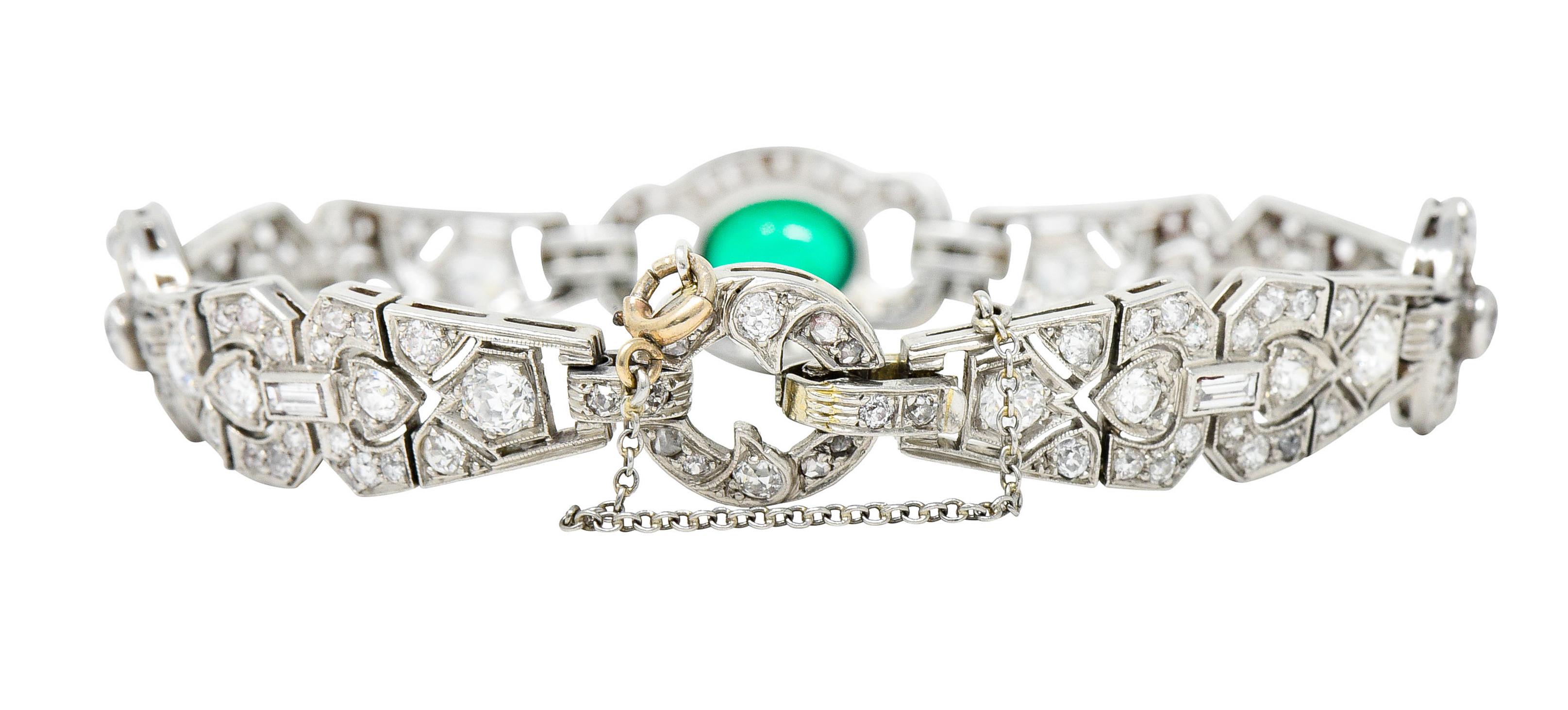 Women's or Men's Art Deco 8.05 Carats Emerald Diamond Platinum Link Bracelet