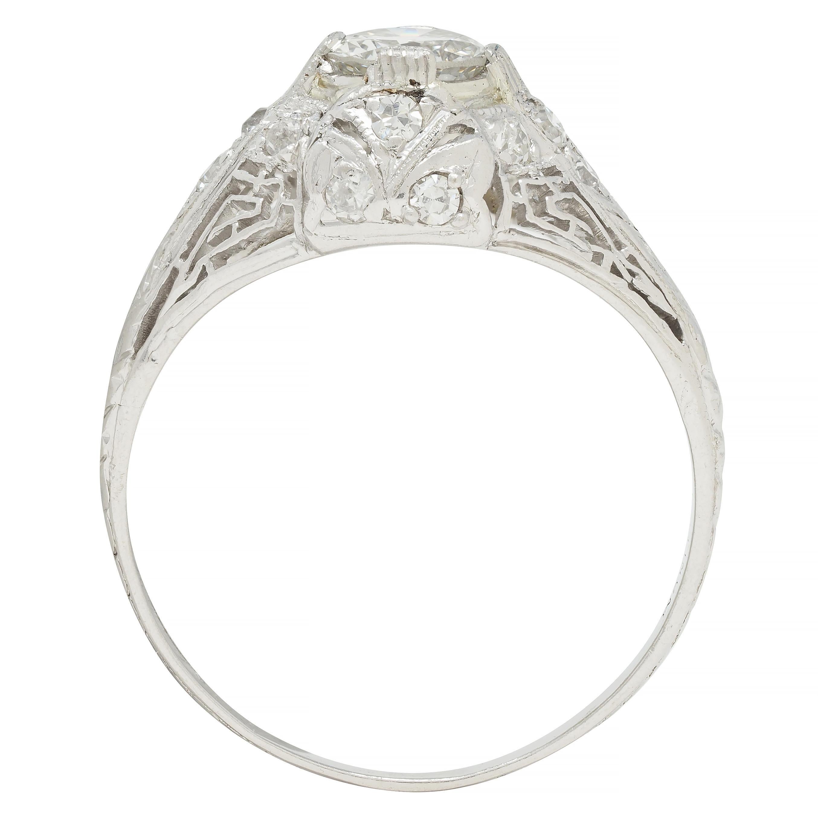 Art Deco .81 CTW Old European Diamond Platinum Greek Key Vintage Engagement Ring For Sale 5