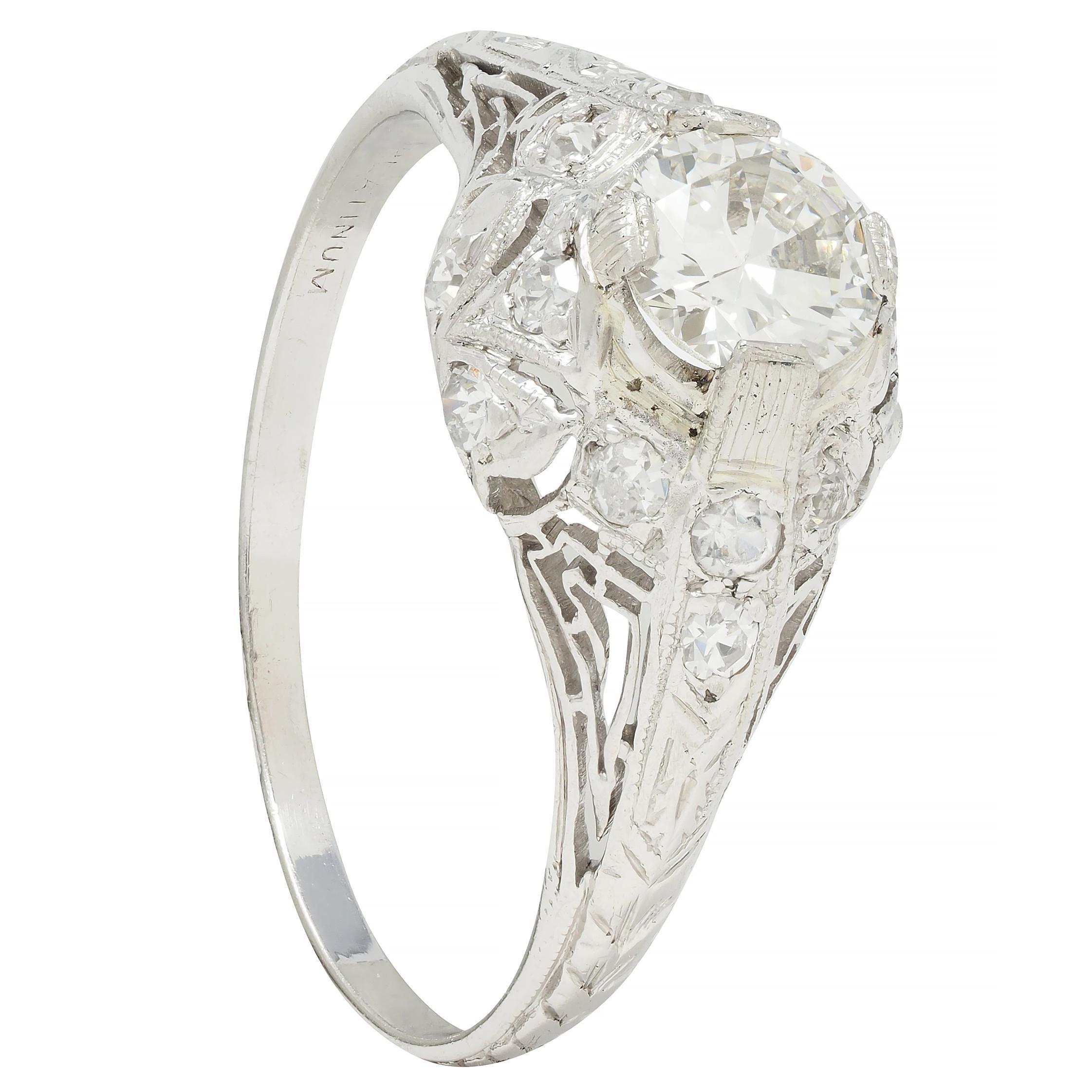 Art Deco .81 CTW Old European Diamond Platinum Greek Key Vintage Engagement Ring For Sale 6