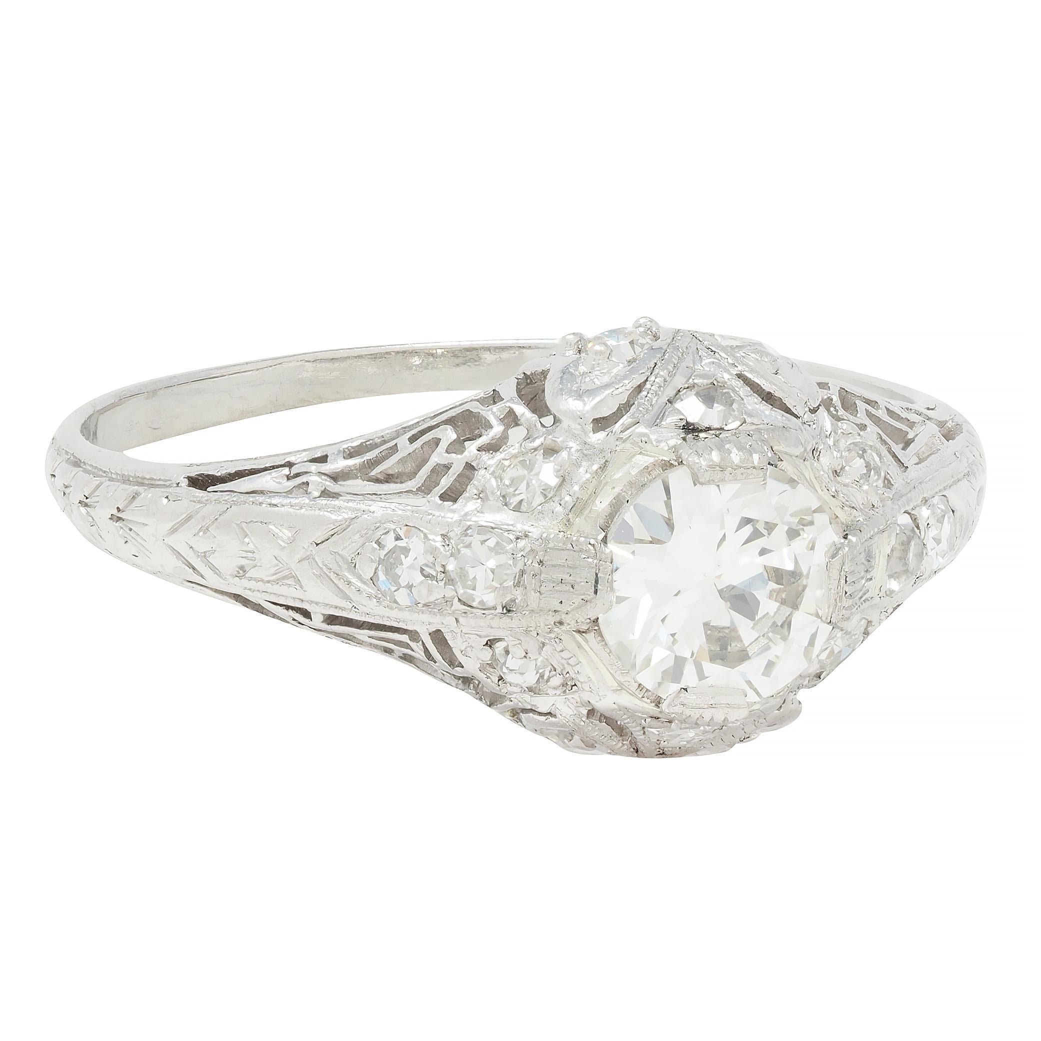 Old European Cut Art Deco .81 CTW Old European Diamond Platinum Greek Key Vintage Engagement Ring For Sale