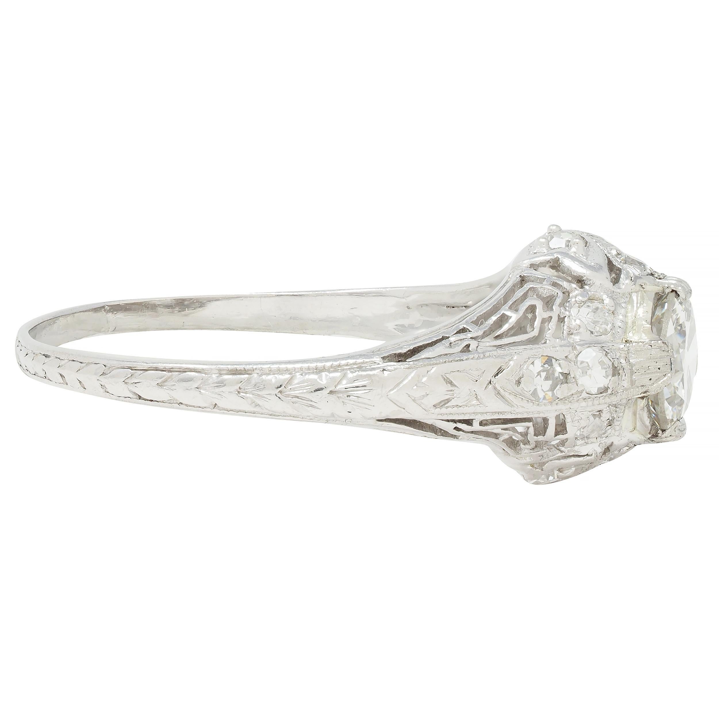 Art Deco .81 CTW Old European Diamond Platinum Greek Key Vintage Engagement Ring In Excellent Condition For Sale In Philadelphia, PA