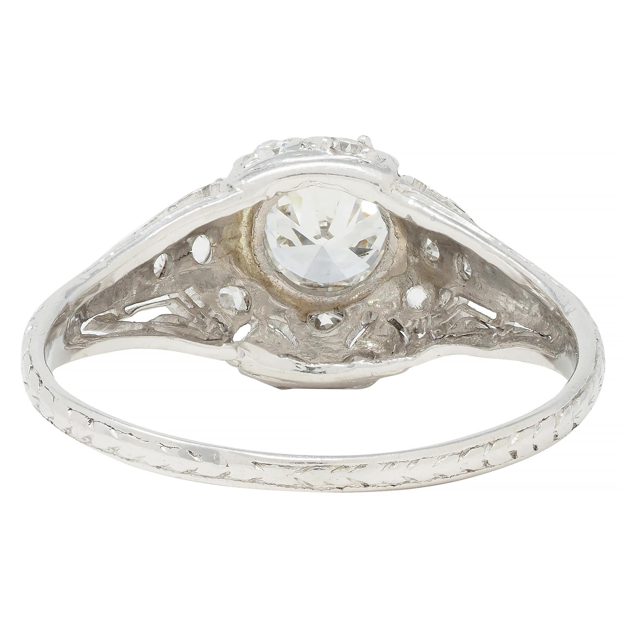 Women's or Men's Art Deco .81 CTW Old European Diamond Platinum Greek Key Vintage Engagement Ring For Sale