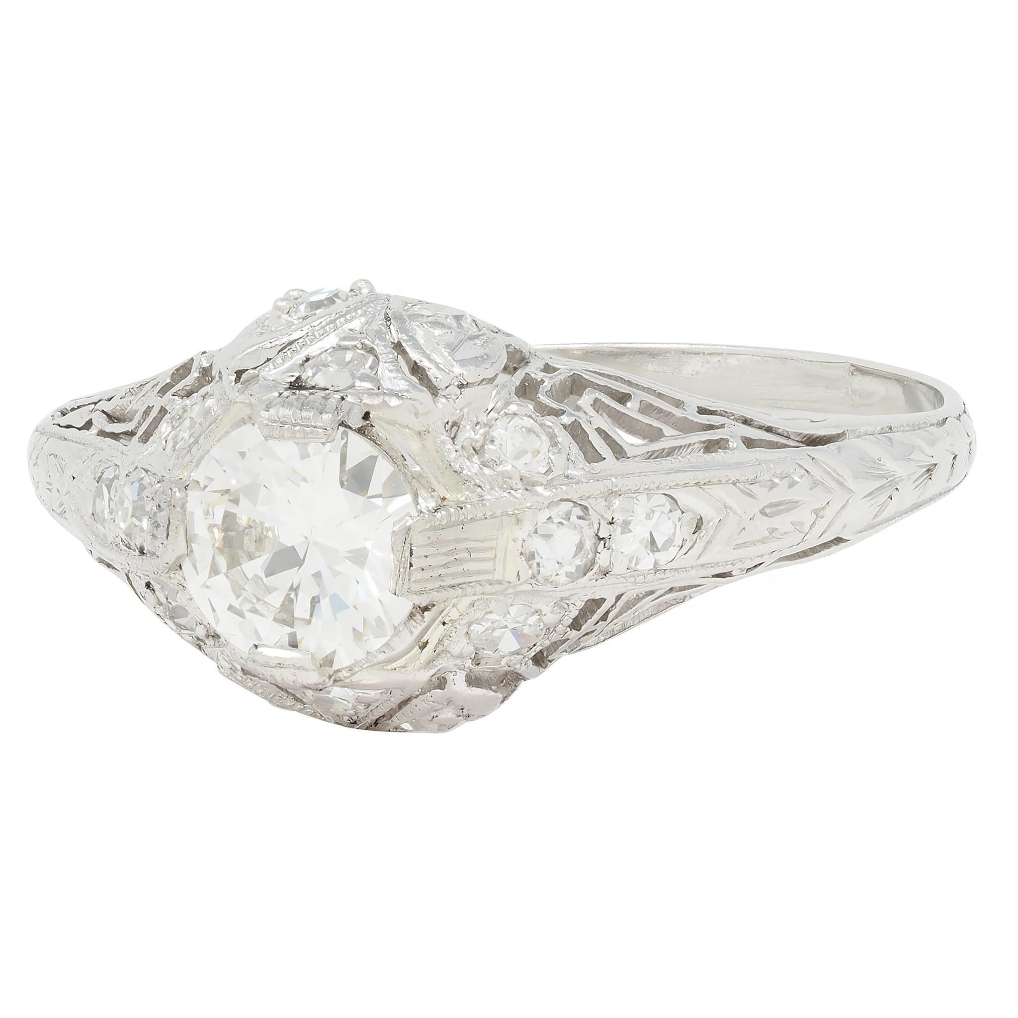 Art Deco .81 CTW Old European Diamond Platinum Greek Key Vintage Engagement Ring en vente 1