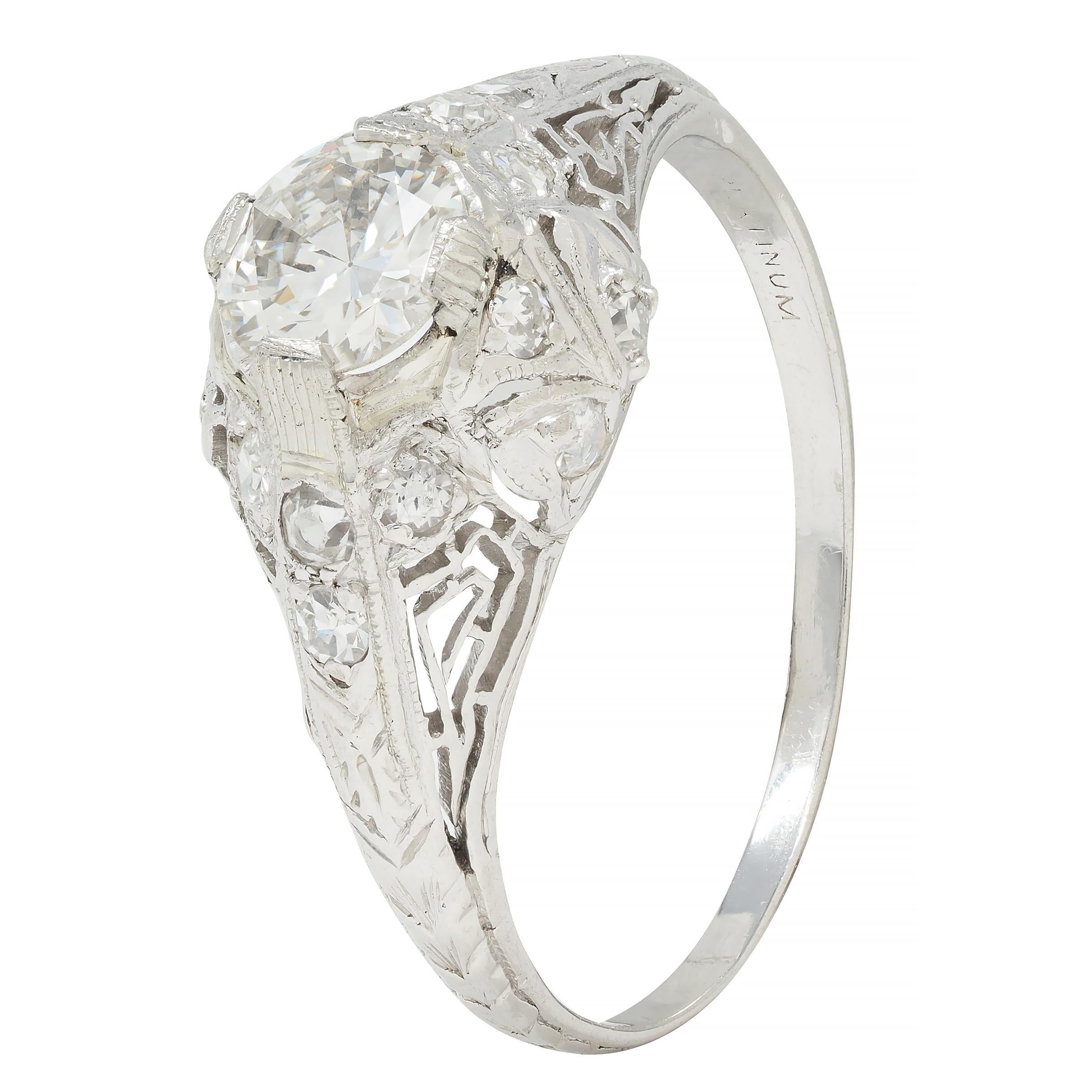 Art Deco .81 CTW Old European Diamond Platinum Greek Key Vintage Engagement Ring en vente 3