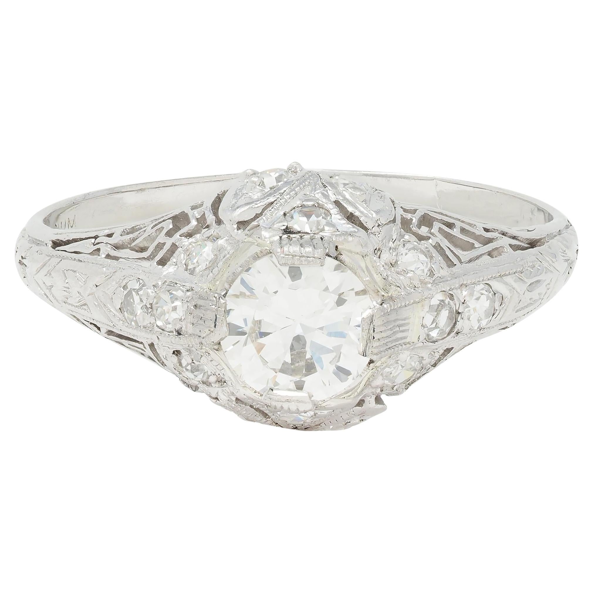 Art Deco .81 CTW Old European Diamond Platinum Greek Key Vintage Engagement Ring en vente