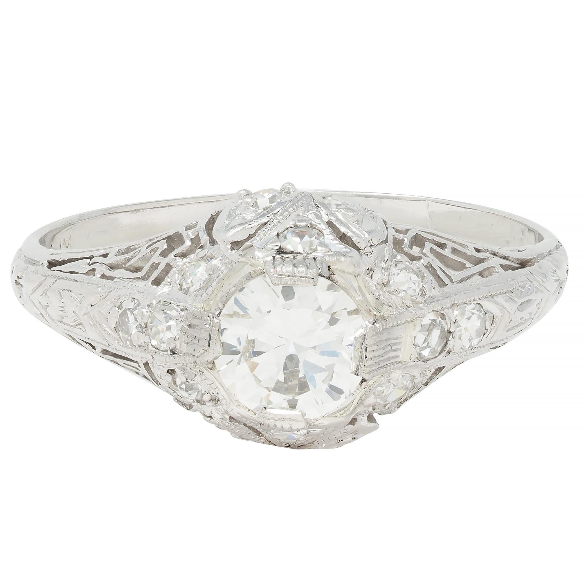 Art Deco .81 CTW Old European Diamond Platinum Greek Key Vintage Engagement Ring For Sale