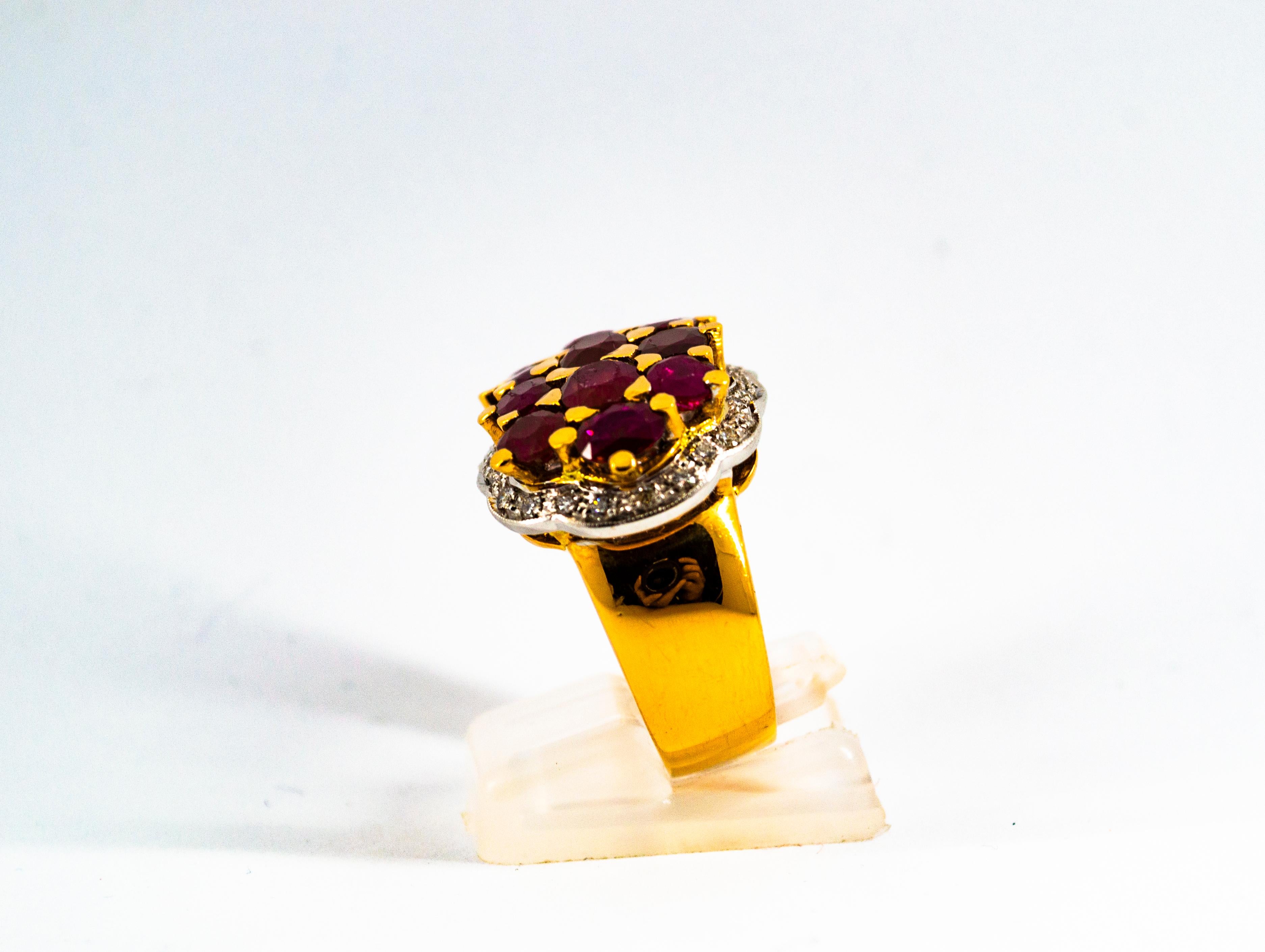 Oval Cut Art Deco Style Ruby White Diamond Yellow Gold Cocktail Ring