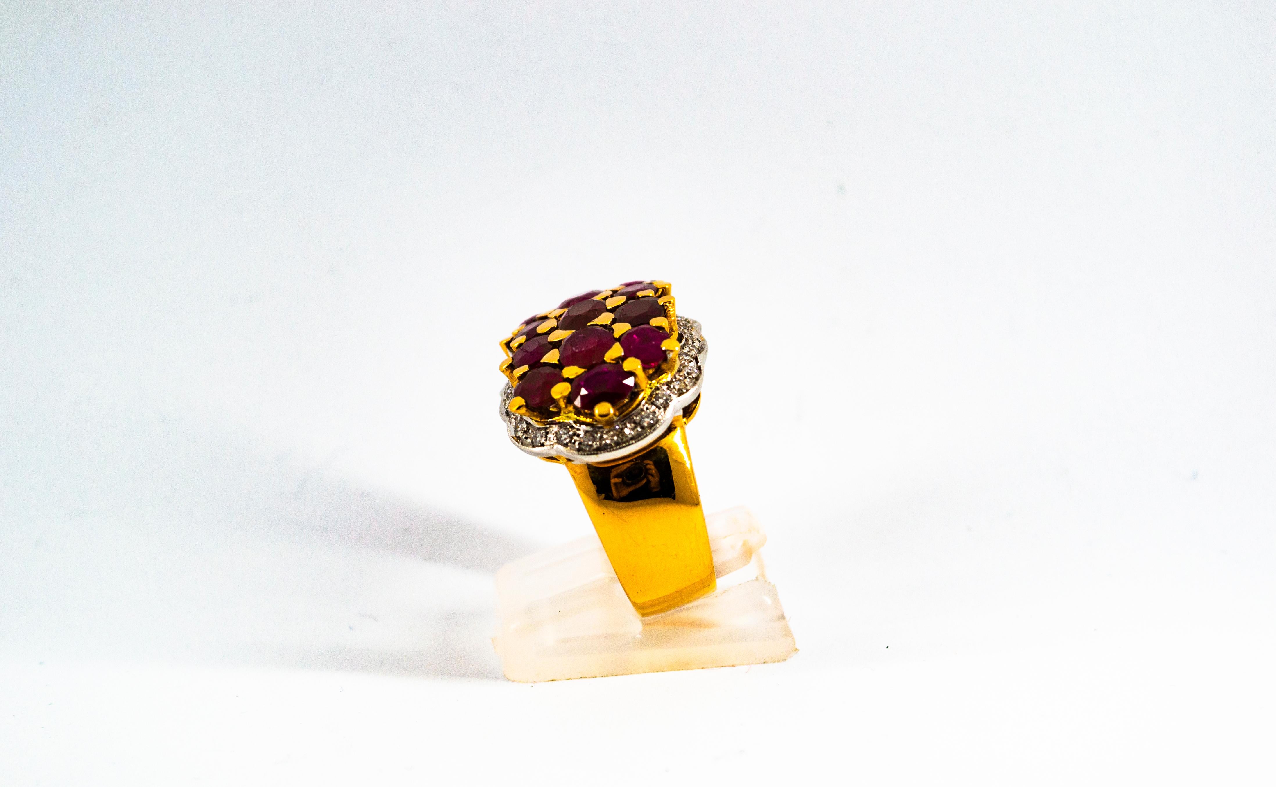 Art Deco Style Ruby White Diamond Yellow Gold Cocktail Ring In New Condition In Naples, IT