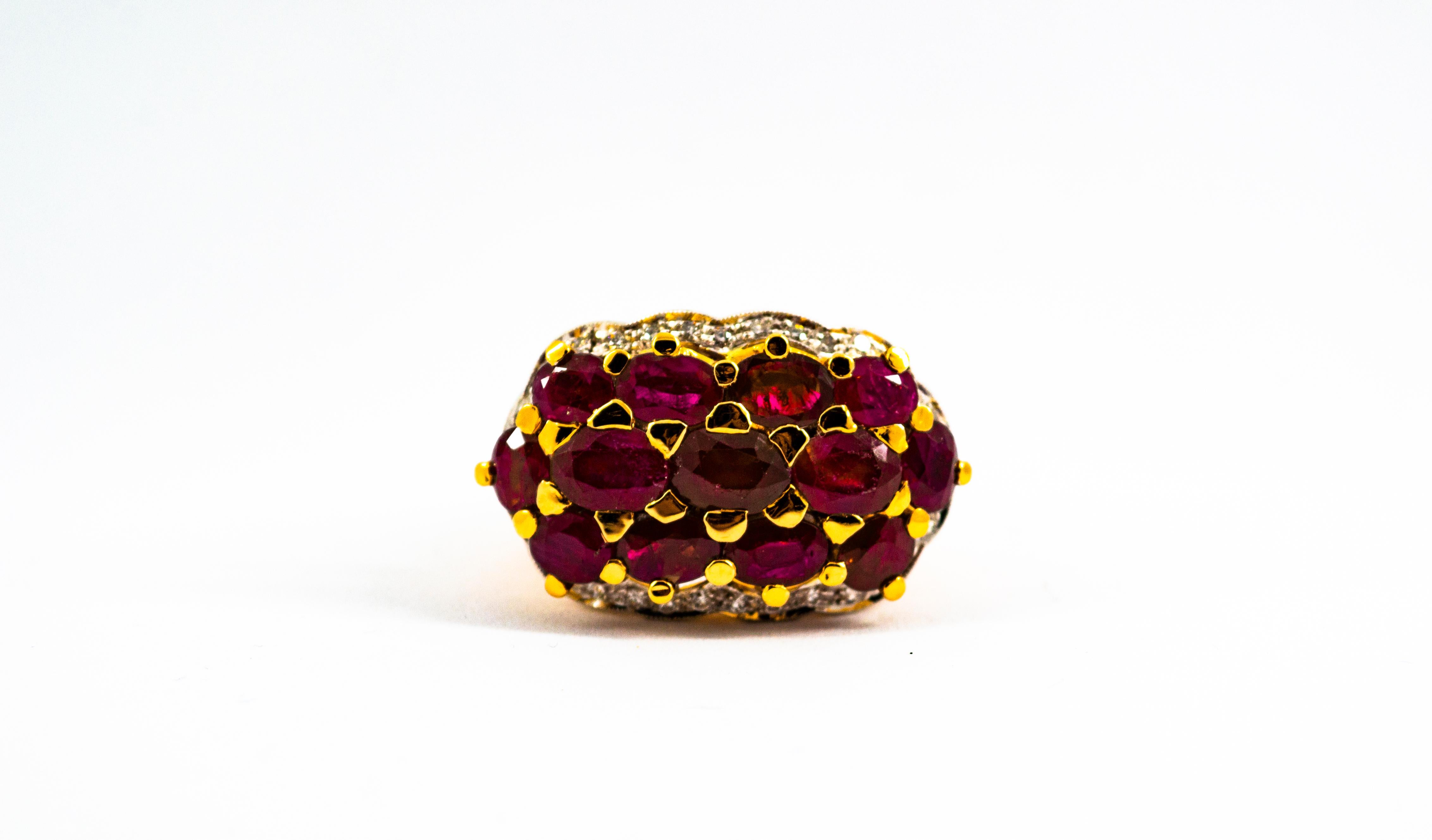 Women's or Men's Art Deco Style Ruby White Diamond Yellow Gold Cocktail Ring