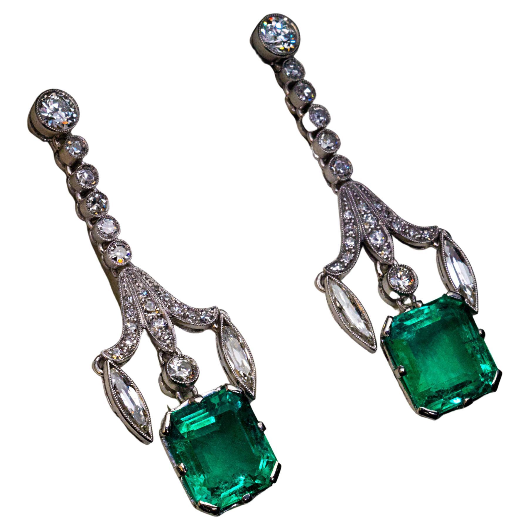 Art Deco 8.16 Cts Colombian Emerald Diamond Platinum Earrings For Sale