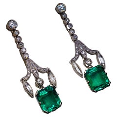 Antique Art Deco 8.16 Cts Colombian Emerald Diamond Platinum Earrings