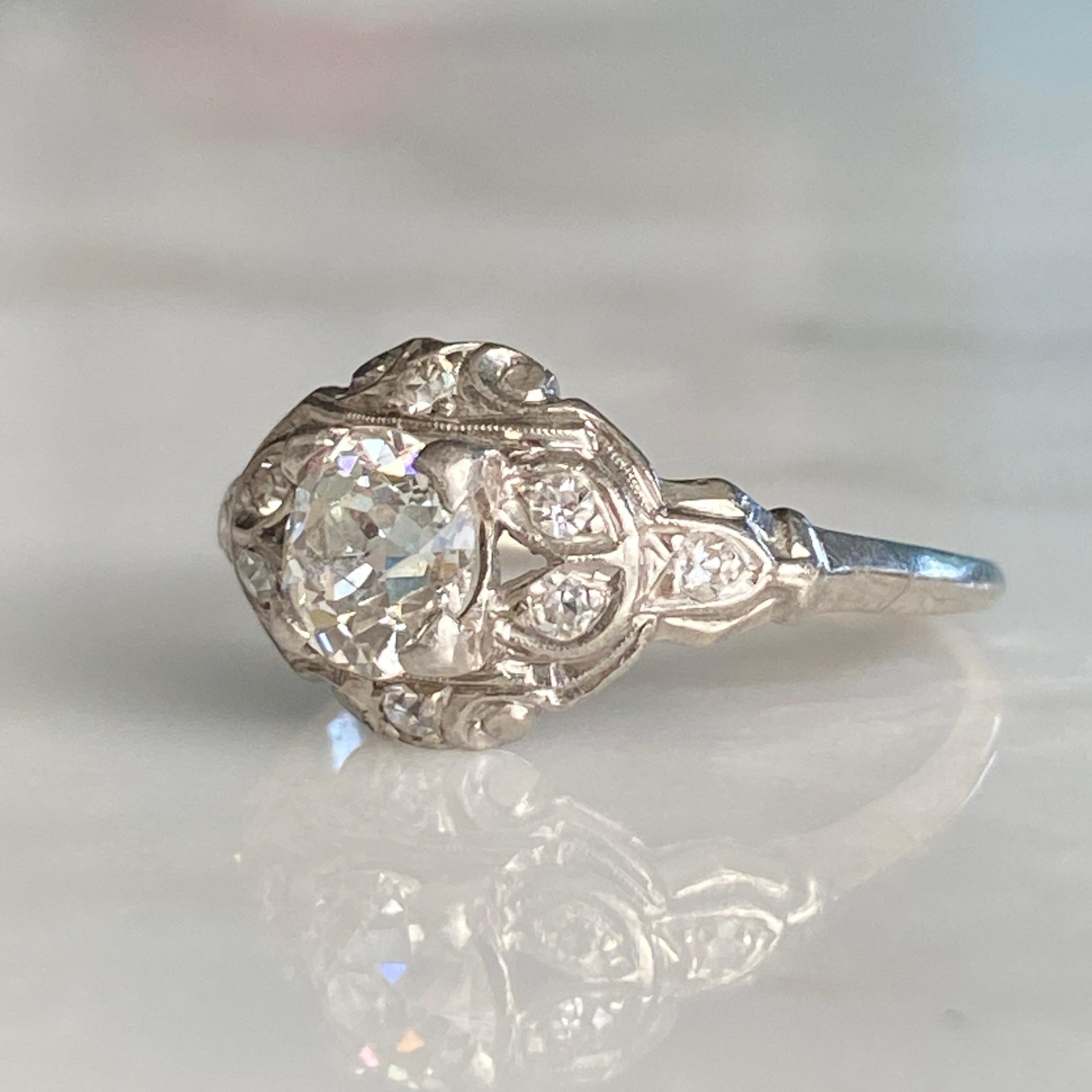 Art Deco .81ct Diamond Platinum Engagement Ring For Sale 6