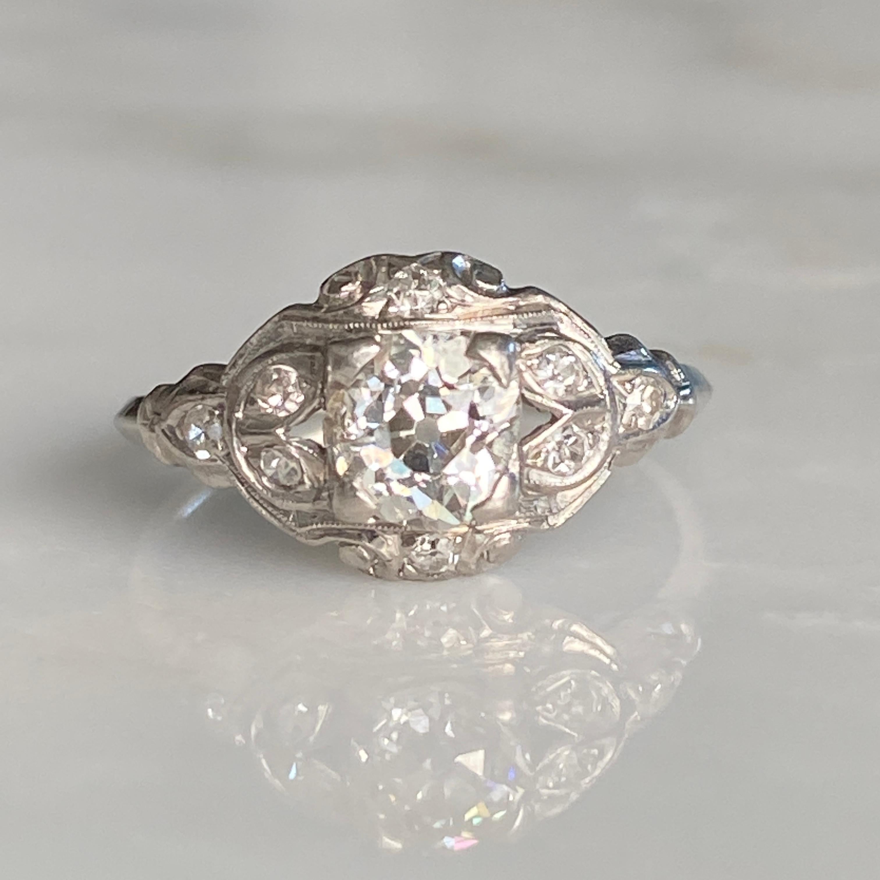 Art Deco .81ct Diamond Platinum Engagement Ring For Sale 7