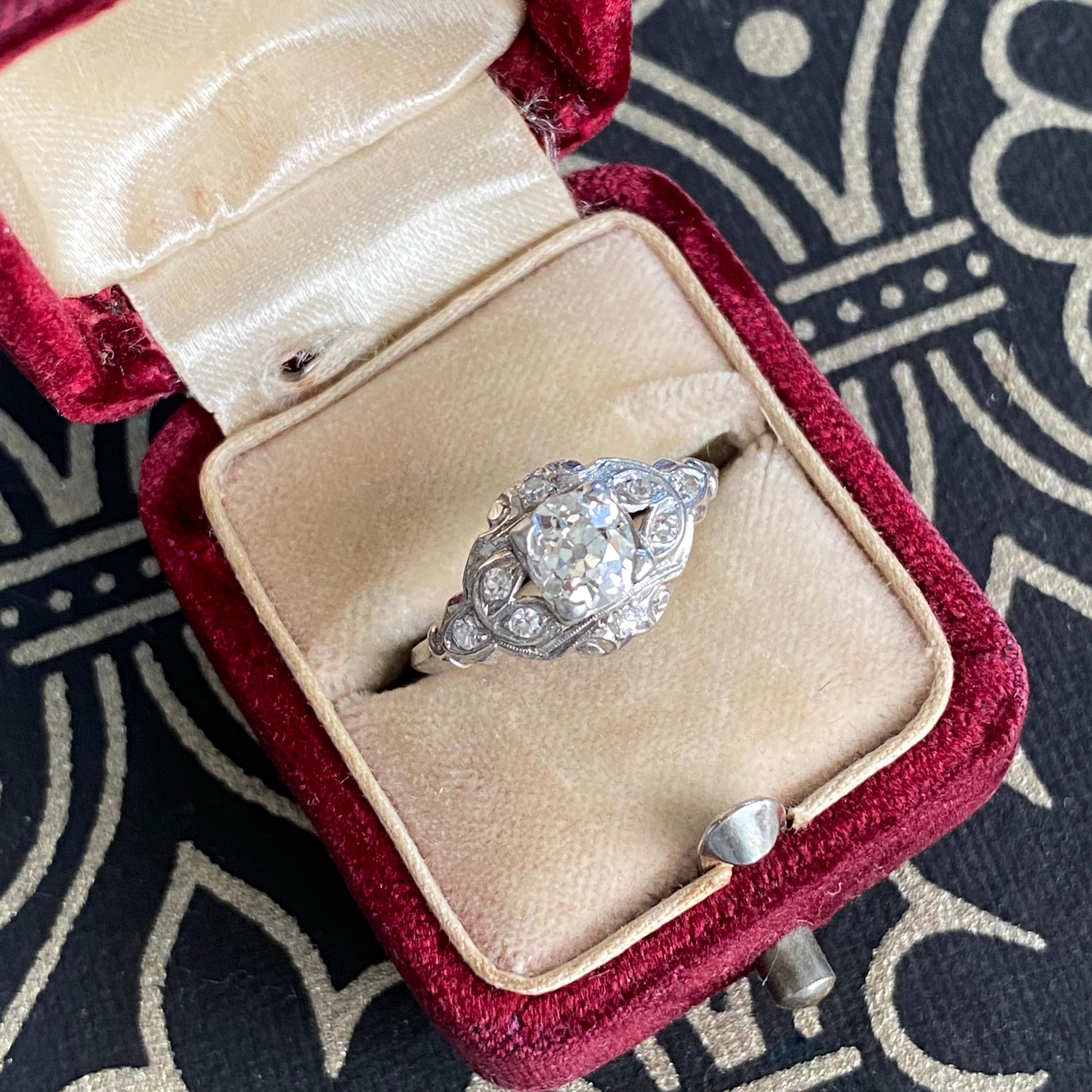Art Deco .81ct Diamond Platinum Engagement Ring For Sale 9