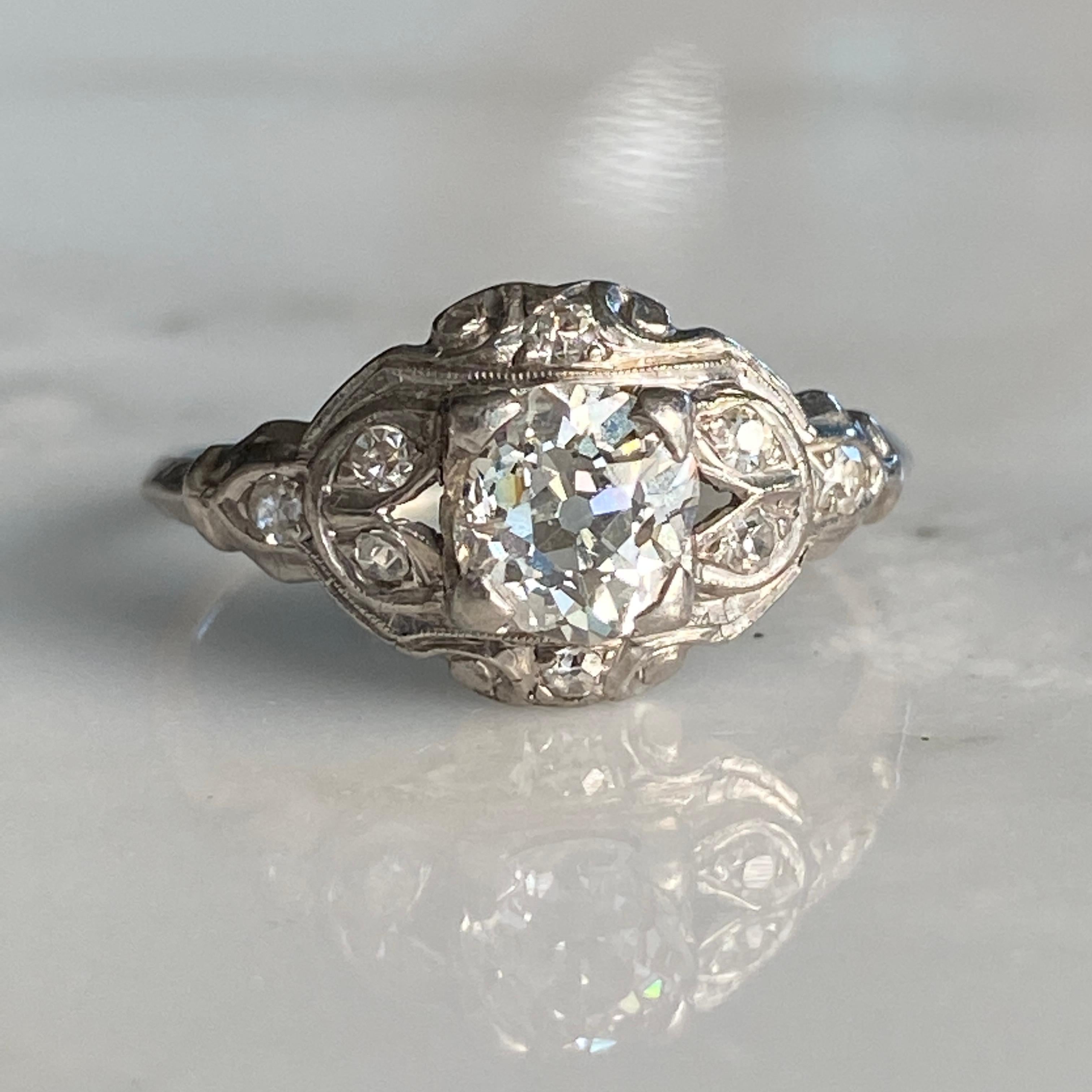 Art Deco .81ct Diamond Platinum Engagement Ring For Sale 10