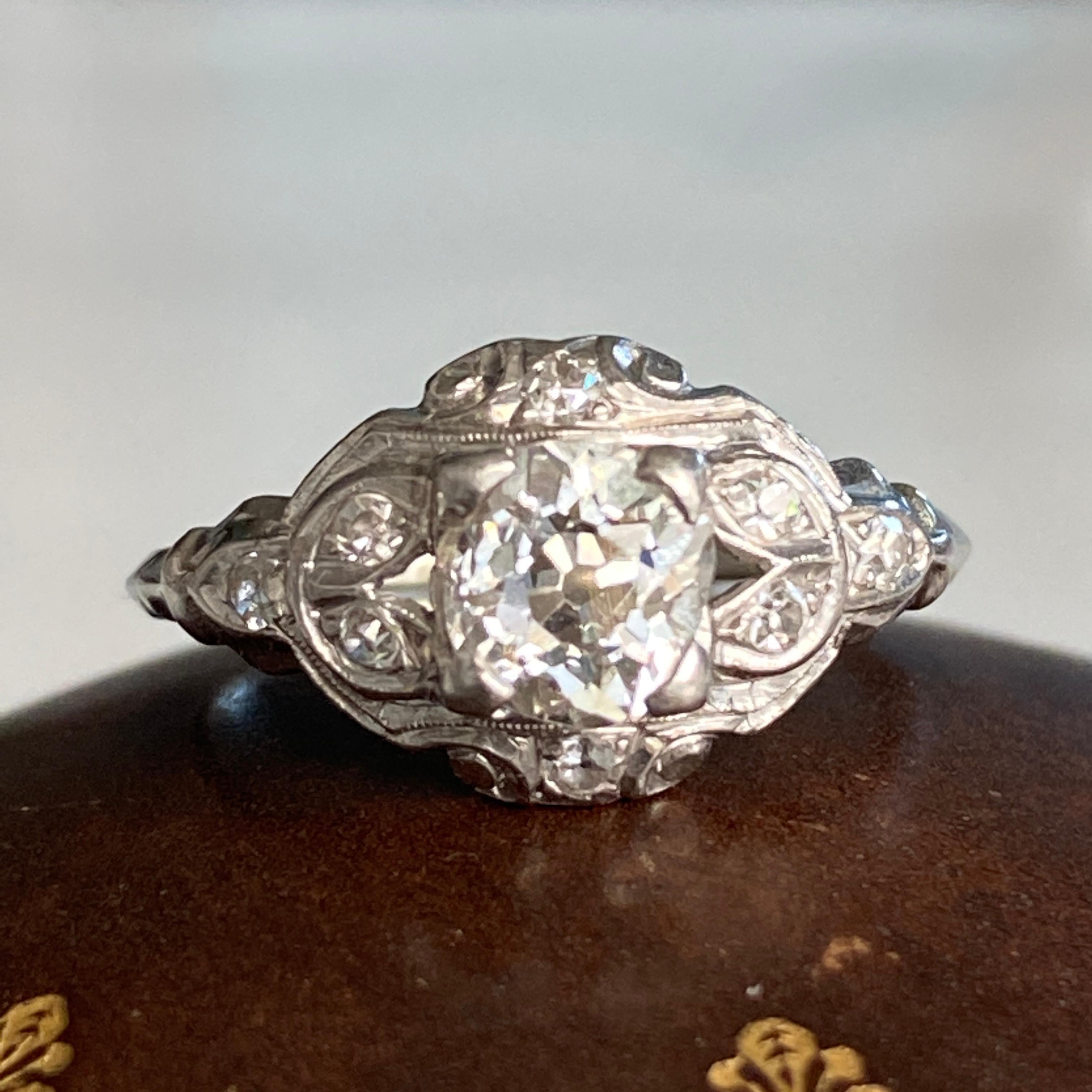 Art Deco .81ct Diamond Platinum Engagement Ring For Sale 1