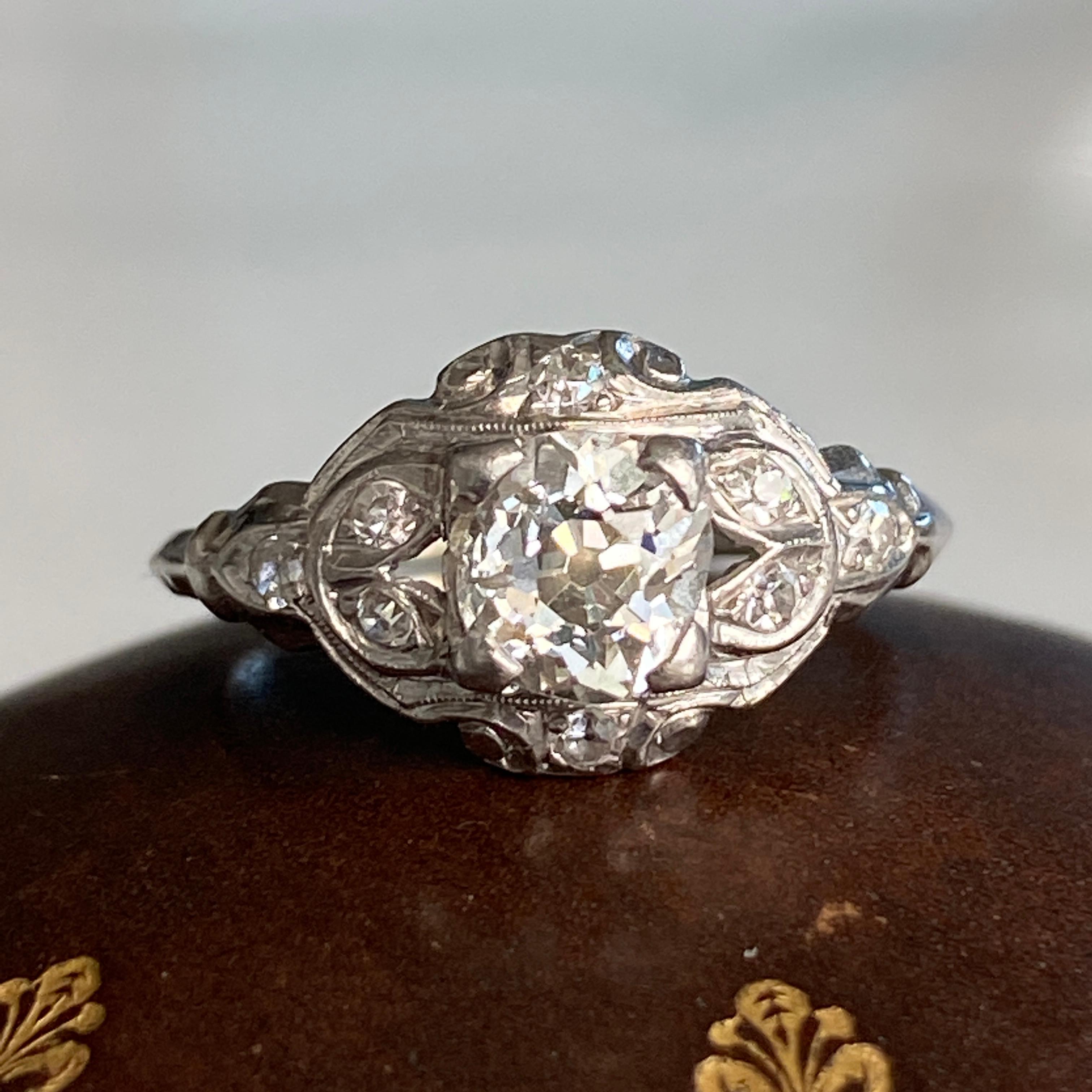 Art Deco .81ct Diamond Platinum Engagement Ring For Sale 2