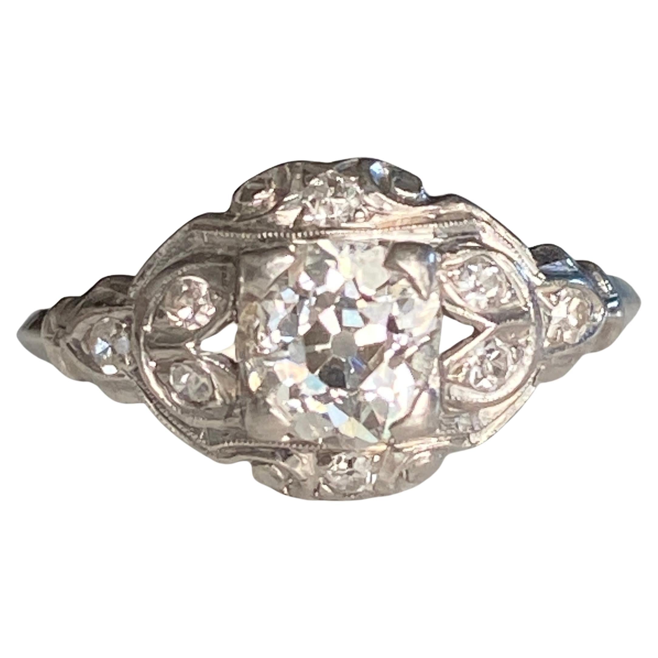 Art Deco .81ct Diamond Platinum Engagement Ring For Sale