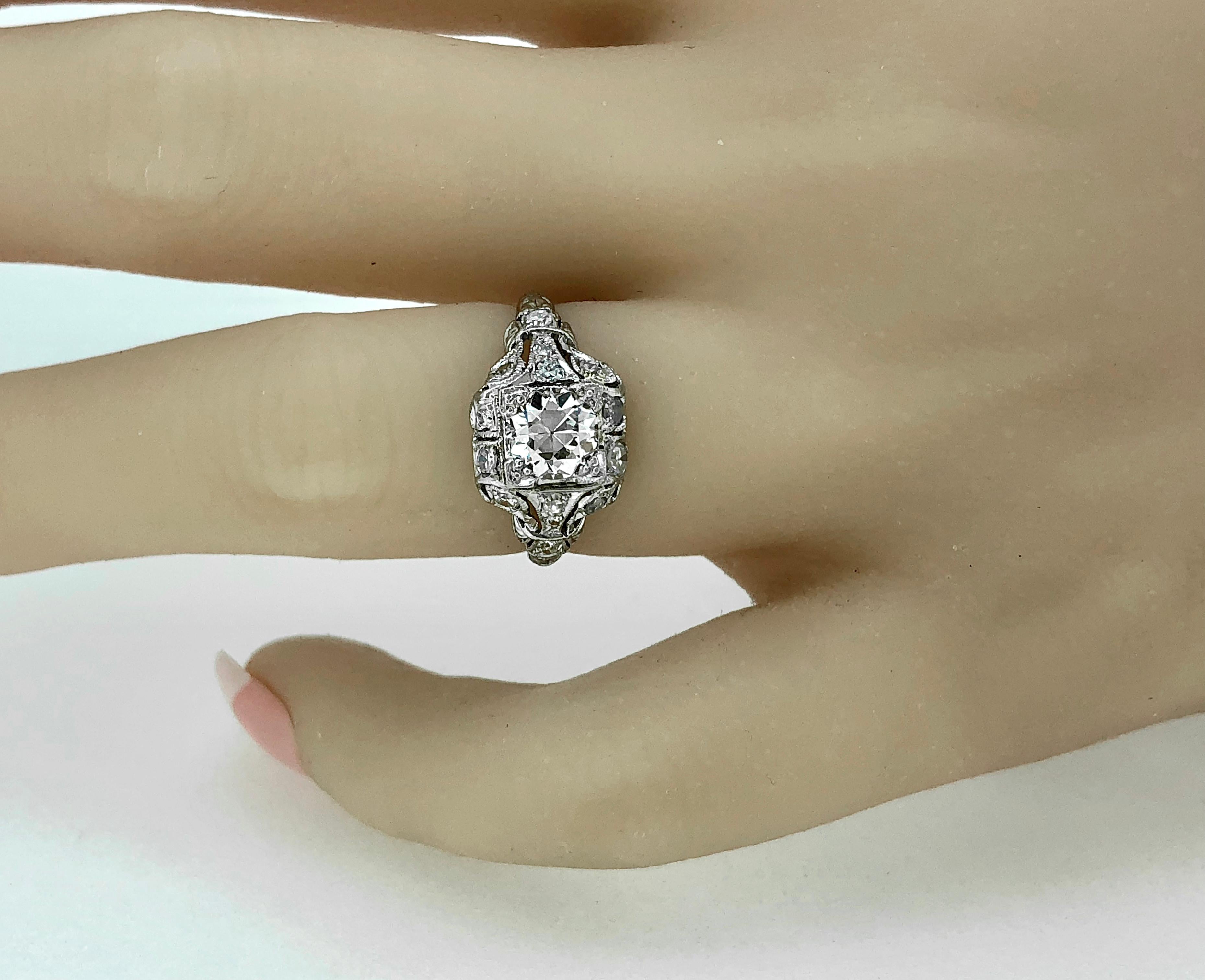 Art Deco .83 Carat Diamond Platinum Engagement Ring  In Excellent Condition For Sale In Tampa, FL