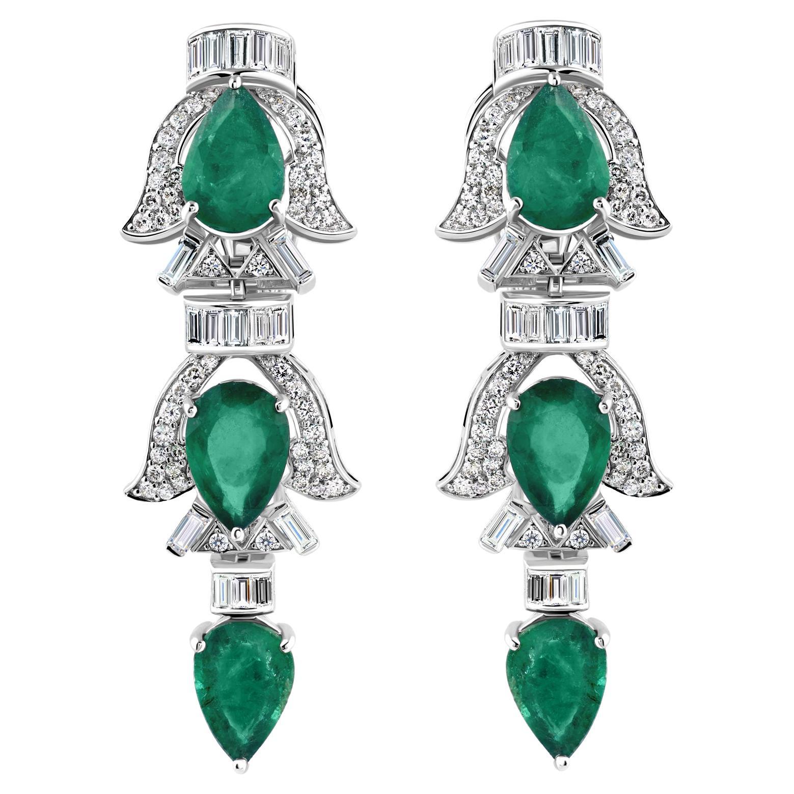 8.32 Ct Diamond With Emerald Earrings 14k White Gold Dangle Drop Earrings
