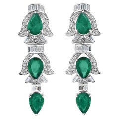 8.32 Ct Diamond With Zambian Emerald Earrings  18k White Gold Drop Earrings