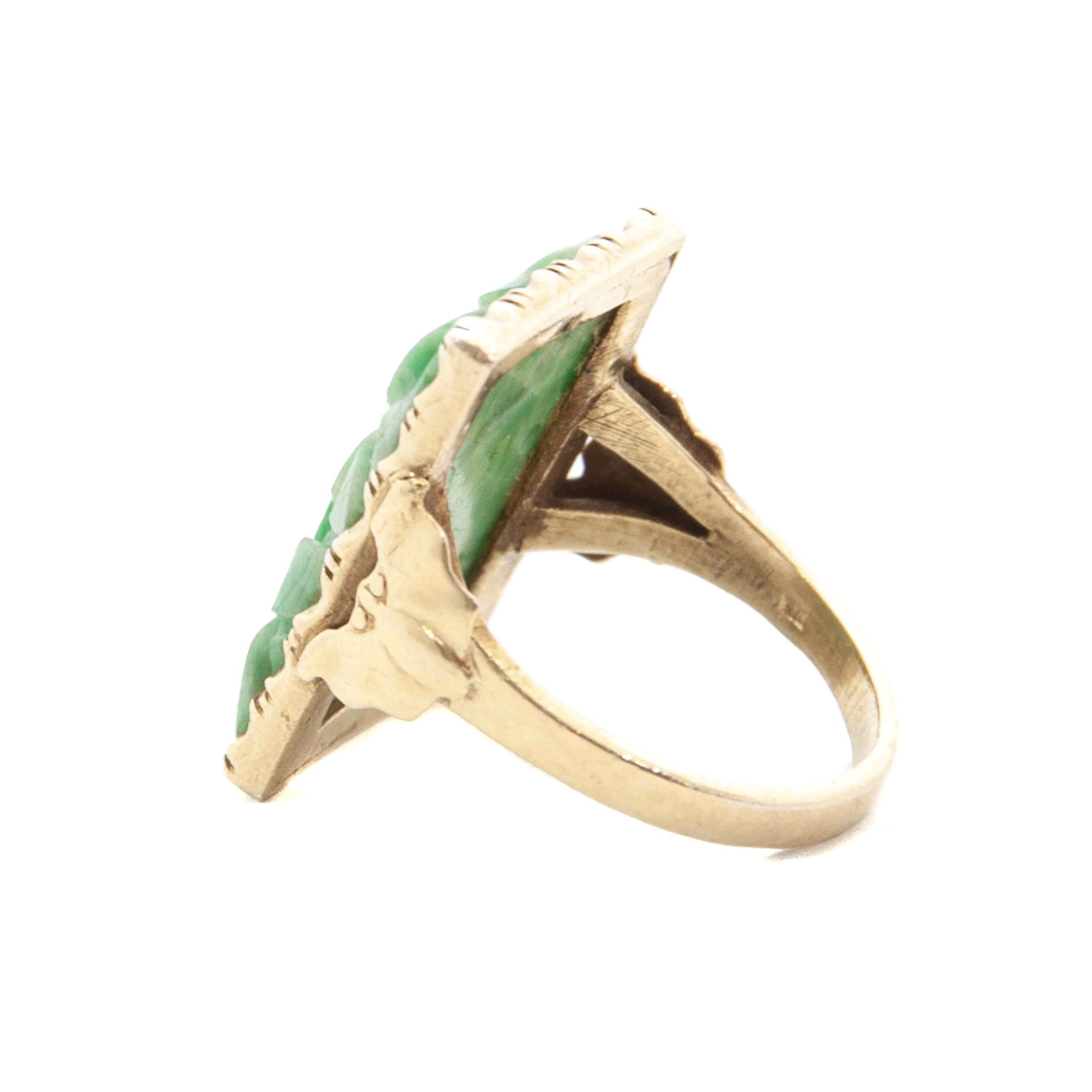 Square Cut Art Deco Gilded Silver Floral Carved Green Jade Panel Ring