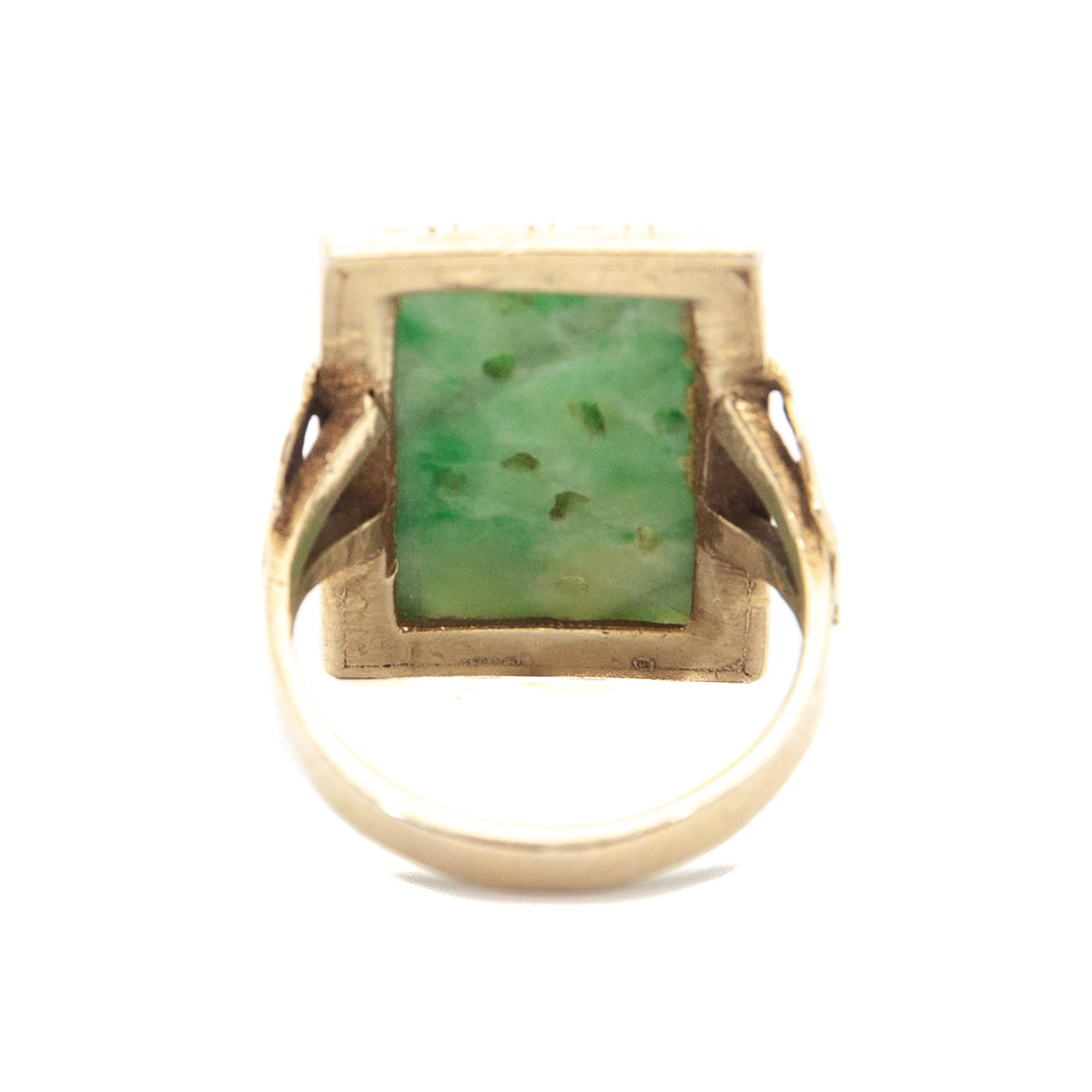 Art Deco Gilded Silver Floral Carved Green Jade Panel Ring 1