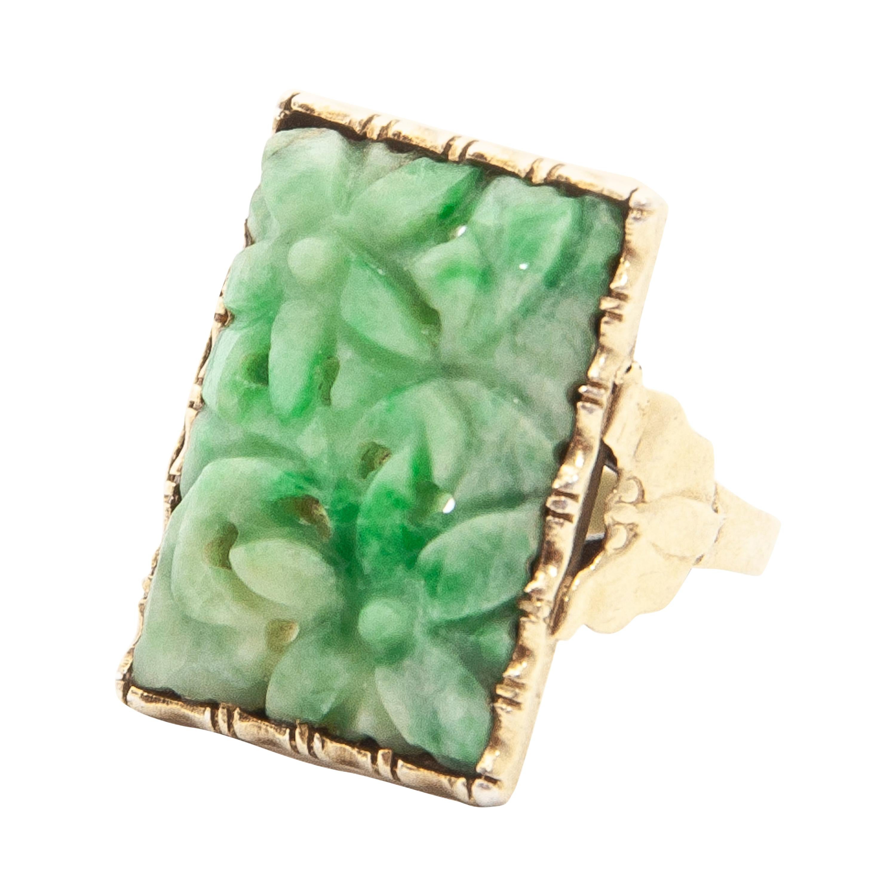 Art Deco Gilded Silver Floral Carved Green Jade Panel Ring