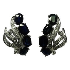 Art Deco Style 8.36 Oval Sapphire White Diamond 18 Karat White Gold Earrings