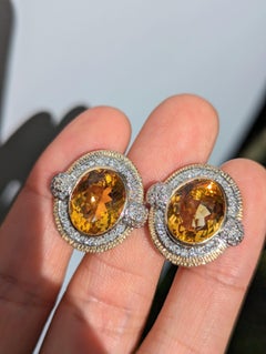 Pendientes Art Decó de oro amarillo y blanco de 14 quilates con halo de diamantes citrinos amarillos de 8,3 quilates