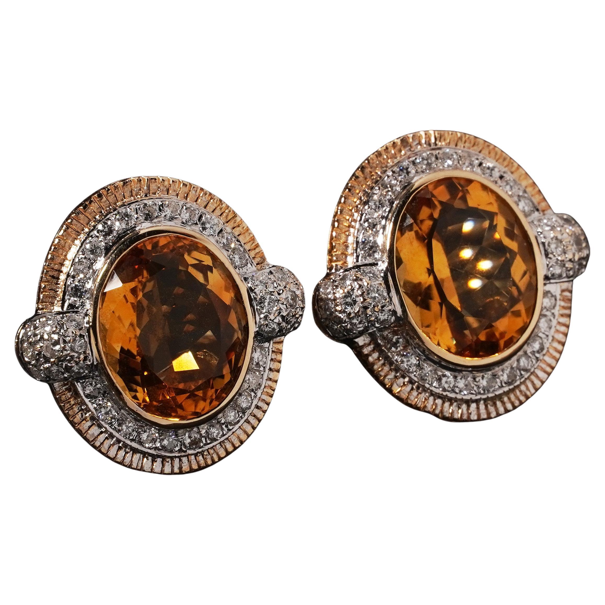 Art Deco 8.3ct Yellow Citrine Diamond Halo 14K Yellow & White Gold Earrings For Sale